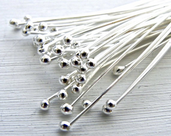 Head Pins, with Ball Head 3 Inches Long and 22 Gauge Thick, Silver Plated  (20 Pieces)