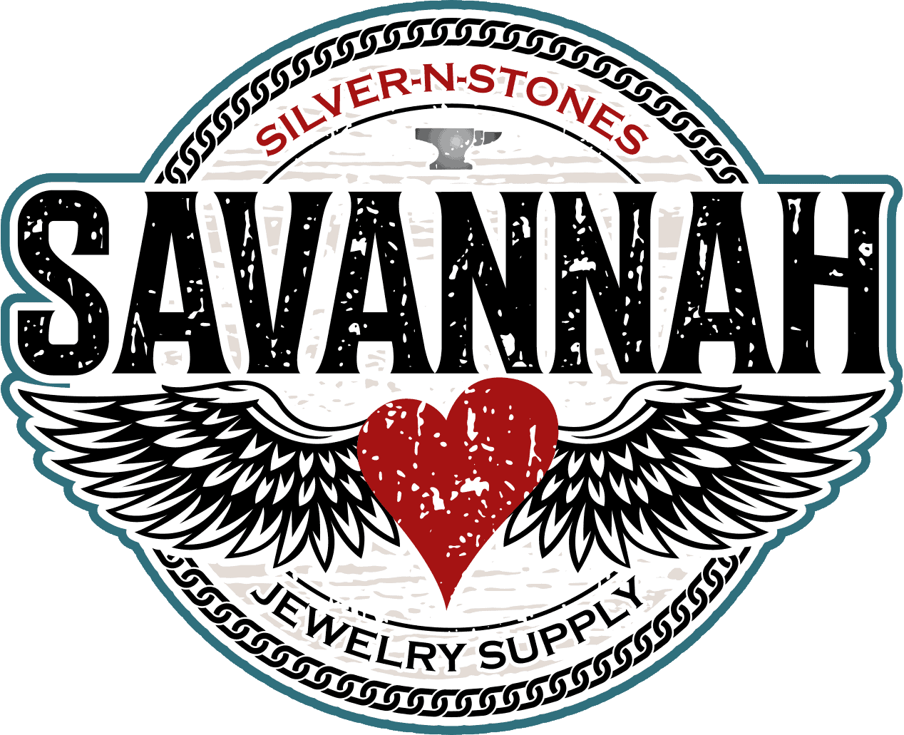 Savannah Jewelry Supply Logo - Silver N Stones with red heart and wings
