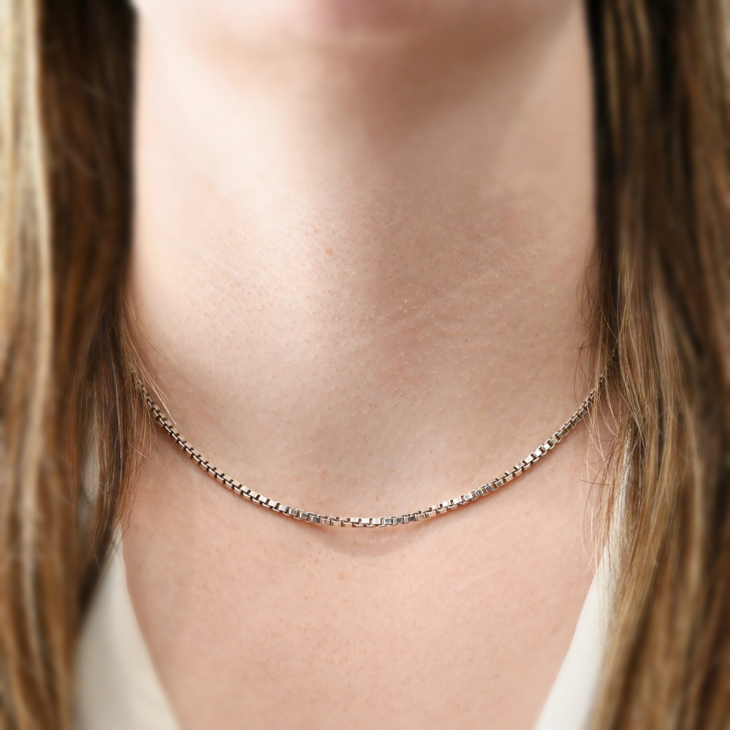 Sterling Silver Briggs Box Chain - 16-19" Shiny shown on model with white shirt and brown hair