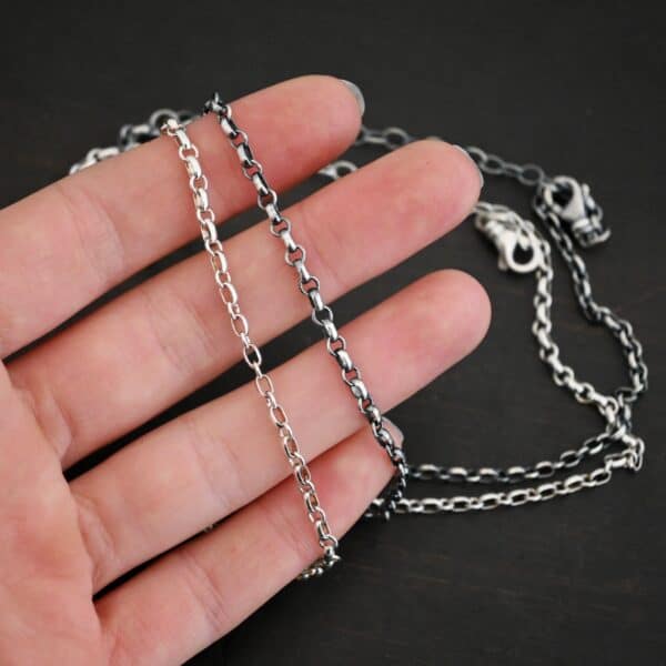 Sterling Silver shiny & oxidized Olivia Chain shown in hand