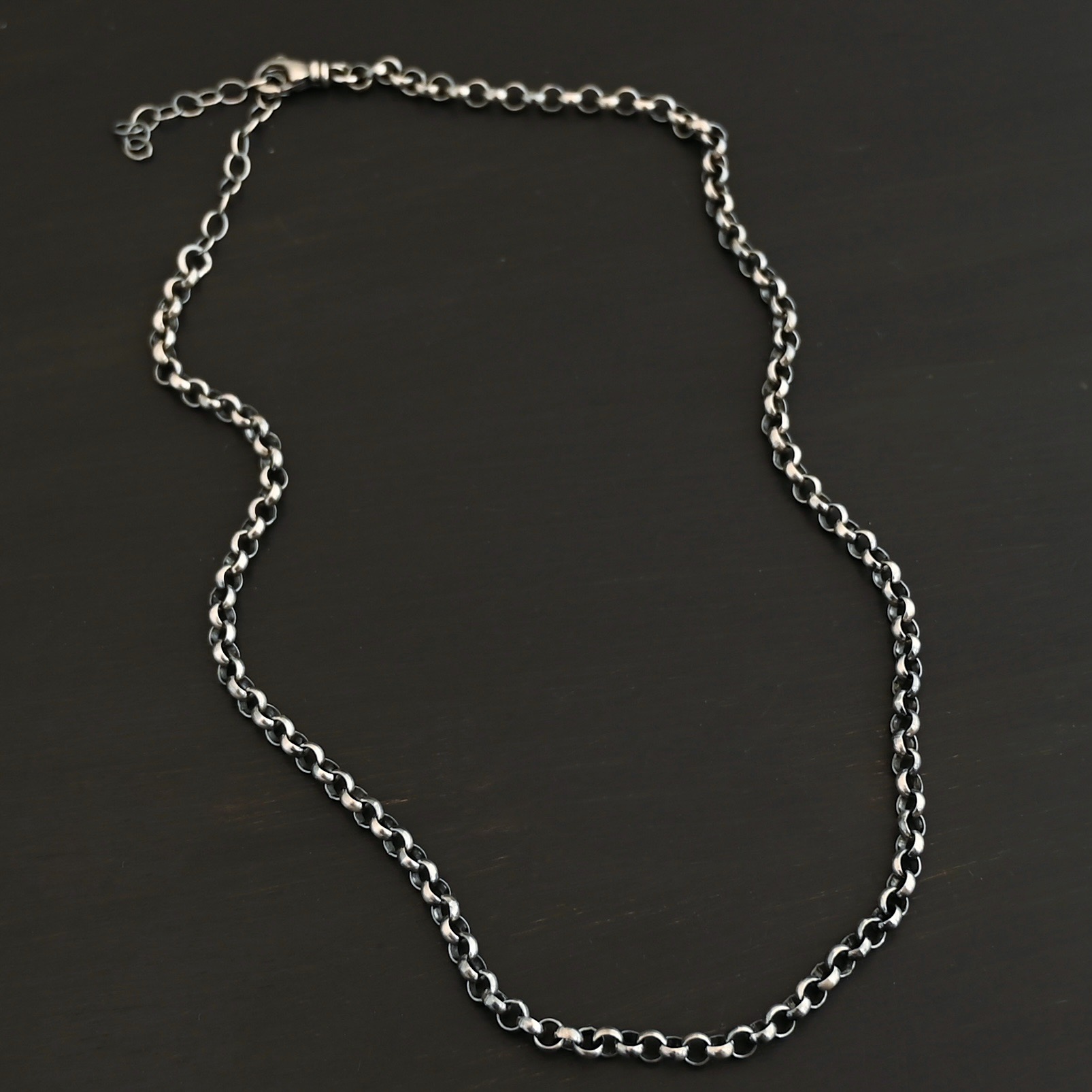 Roxy Rolo Chain - oxidized Sterling Silver Roxy Rolo Chain - oxidized shown on dark background