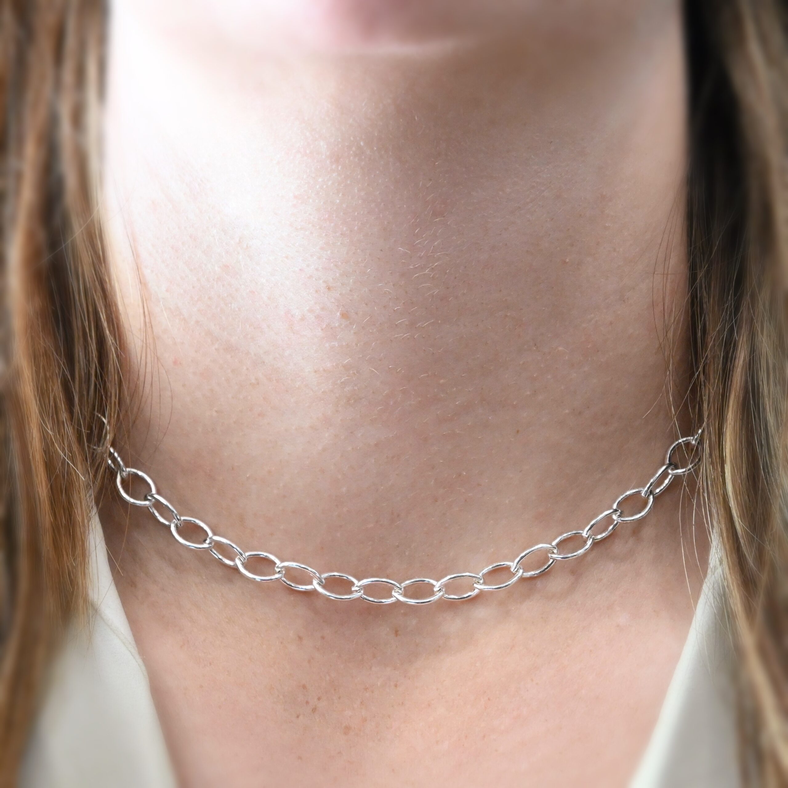 Sky Chain - Smooth, Shiny 16" Sterling Silver Sky Chain - 16" Shiny Smooth shown on model with white shirt and brown hair