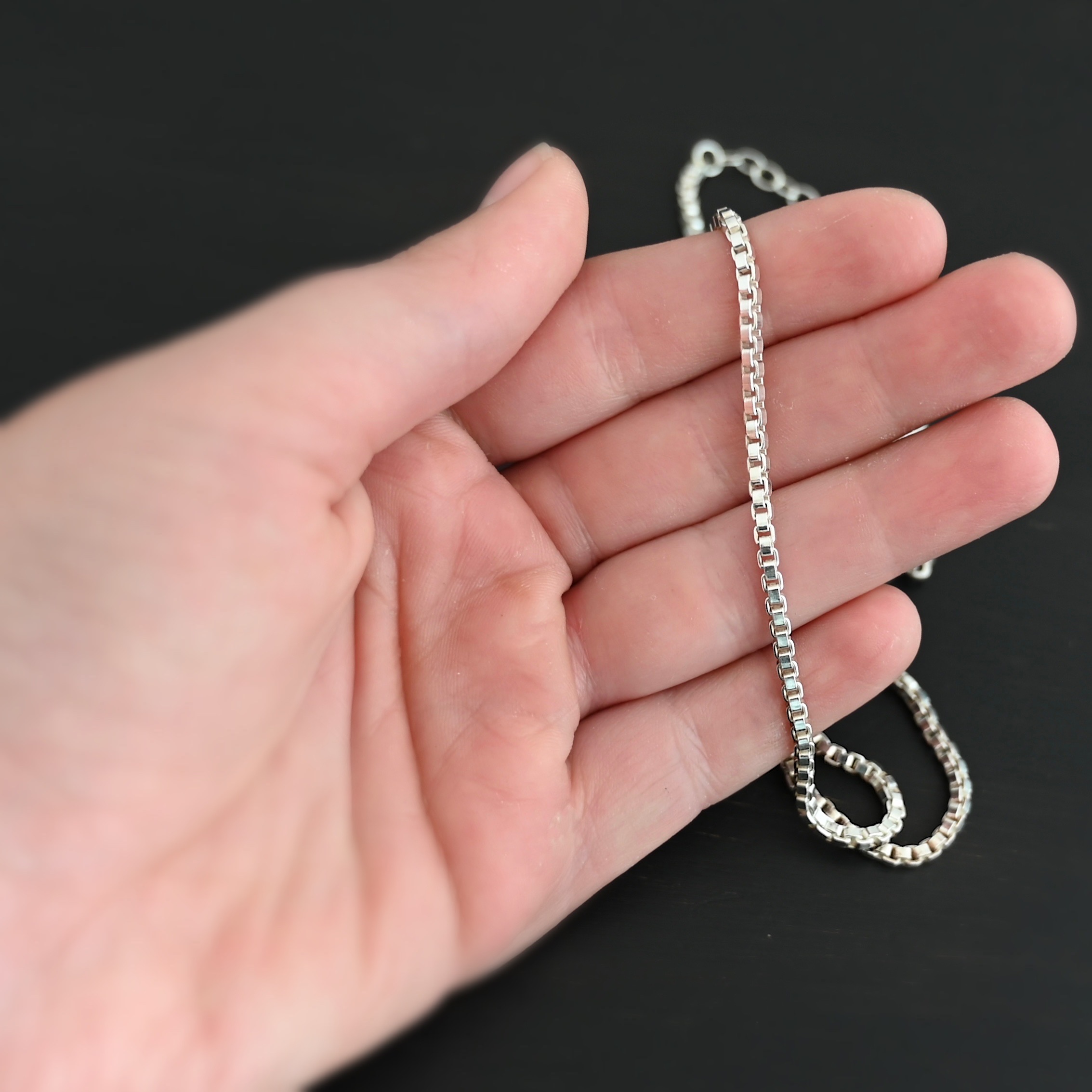Sterling Silver Briggs Box Chain - Shiny shown in hand
