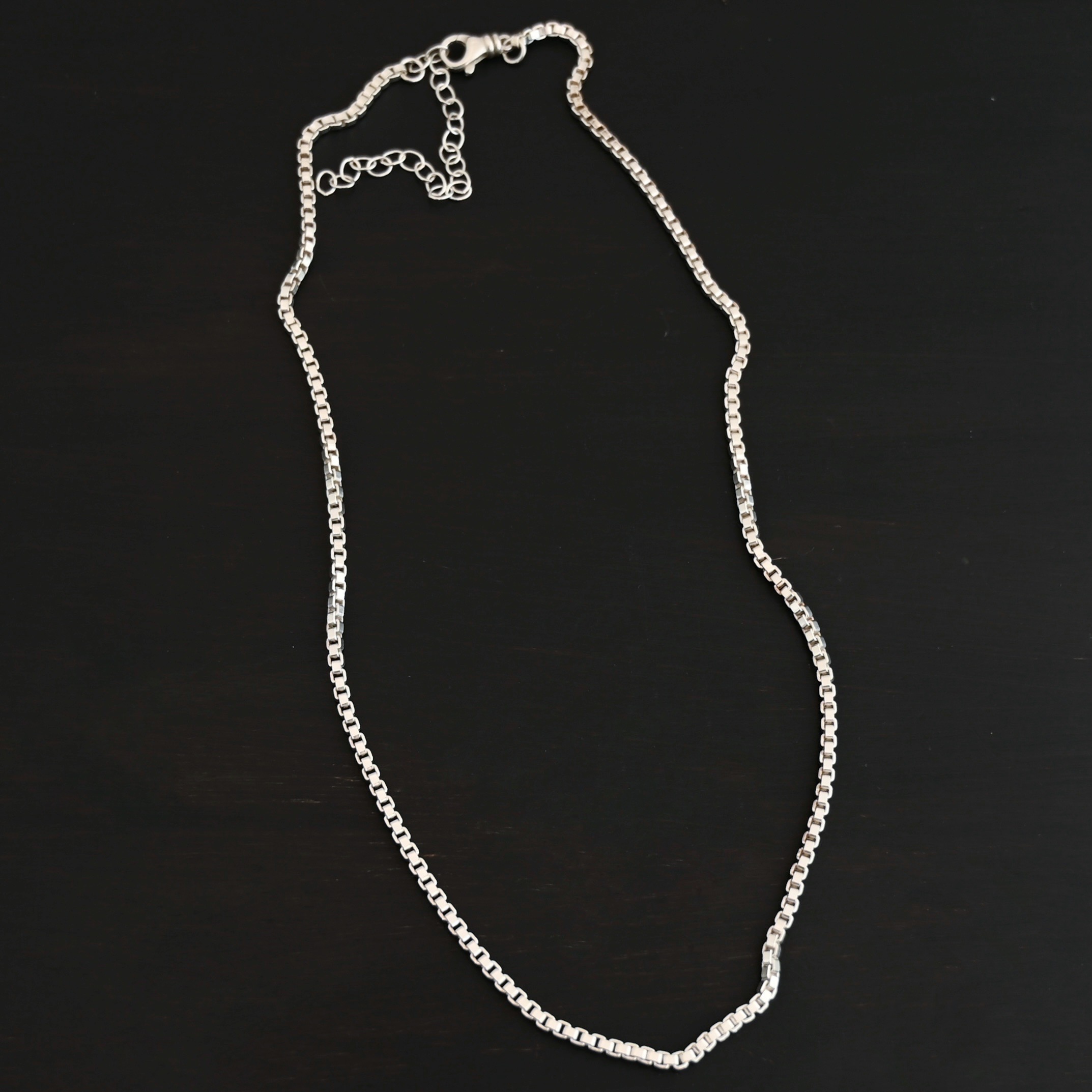Sterling Silver Briggs Box Chain - Shiny shown on dark background