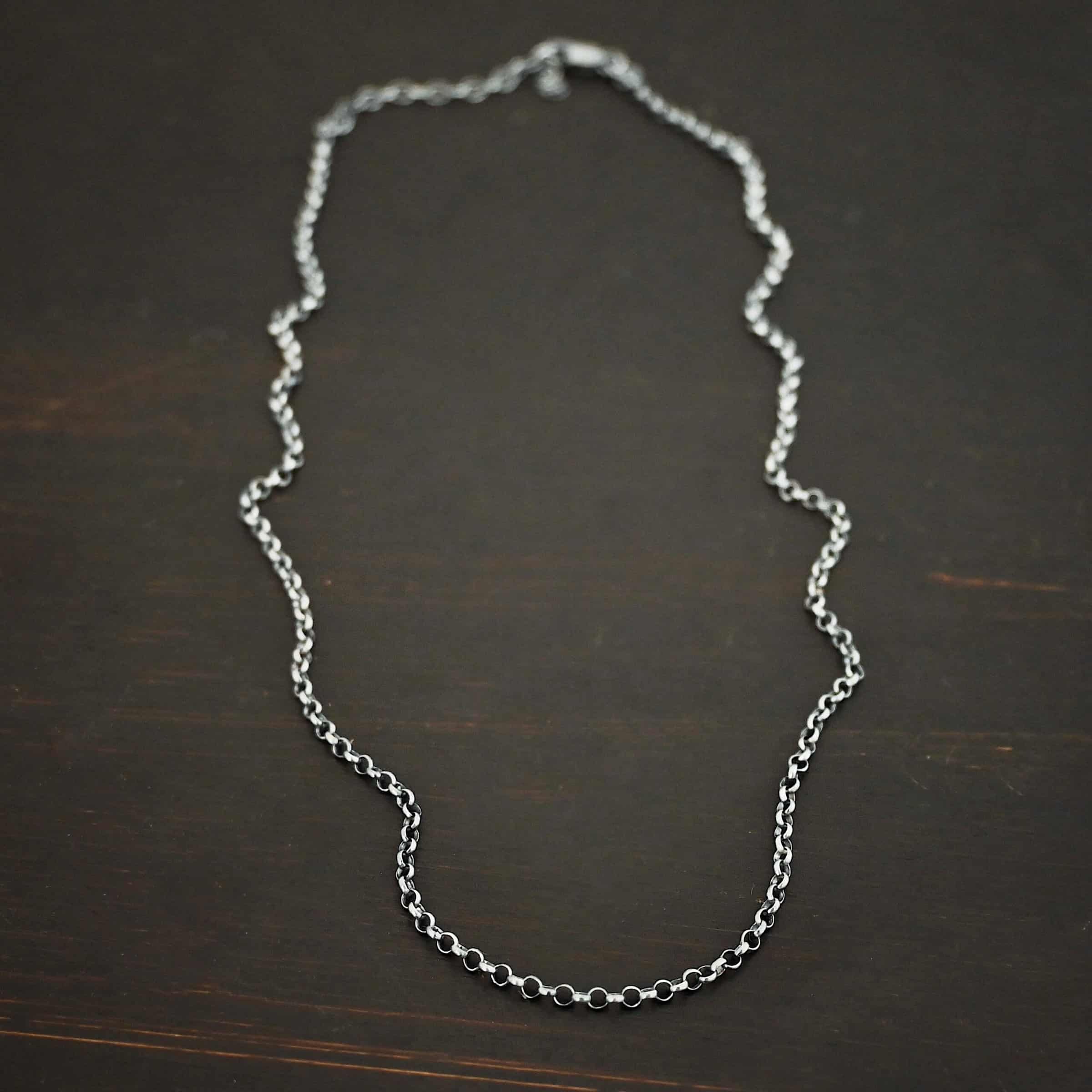 Rachel Rolo Chain Sterling Silver oxidized Rachel Rolo Chain on dark background