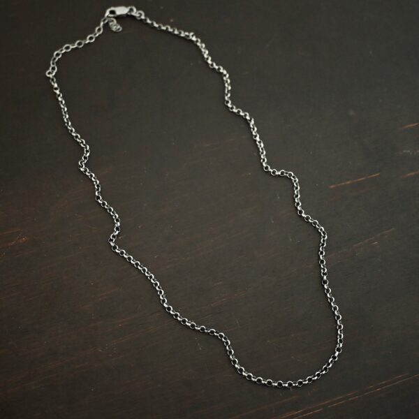 Sterling Silver oxidized Rachel Rolo Chain on dark background