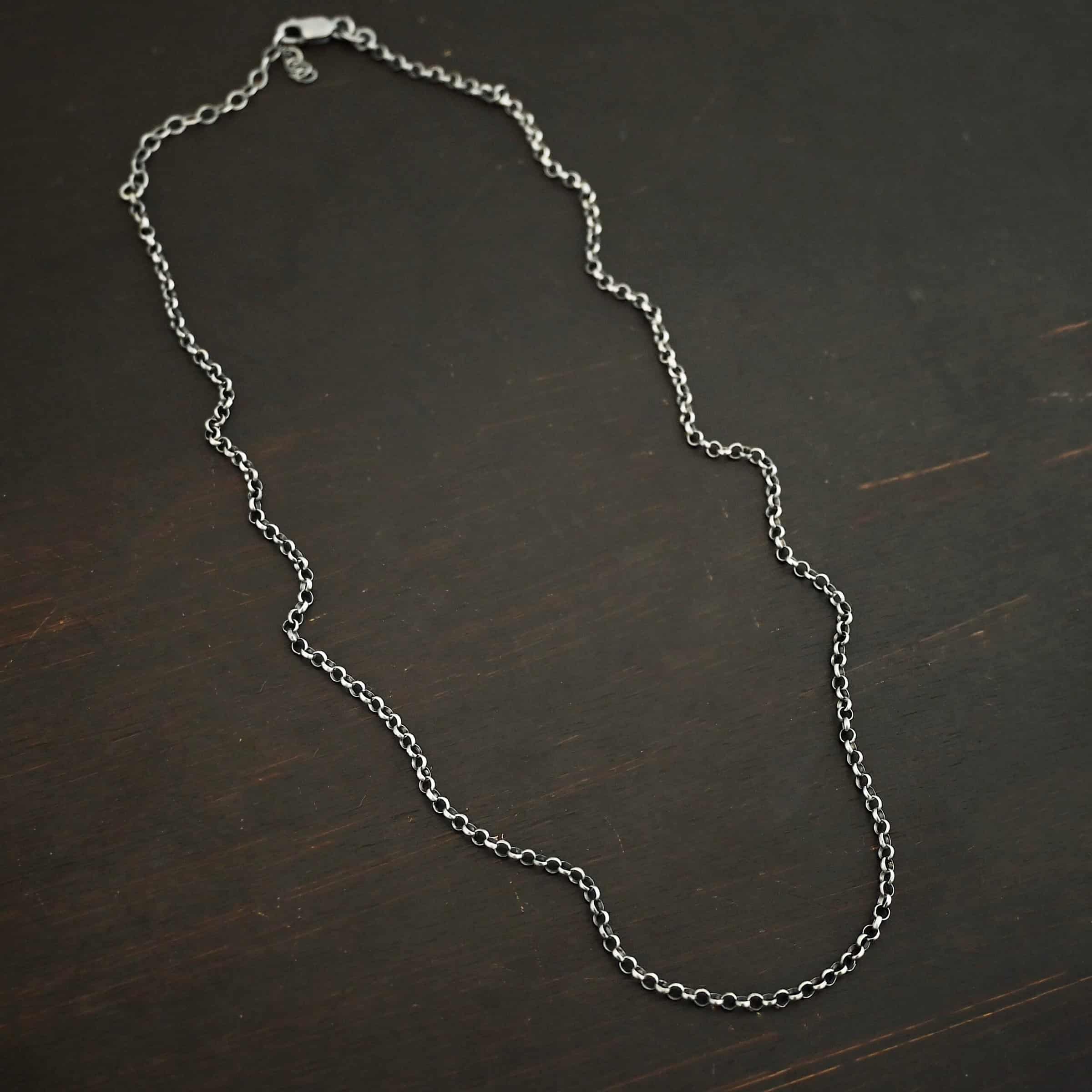 Rachel Rolo Chain Sterling Silver oxidized Rachel Rolo Chain on dark background