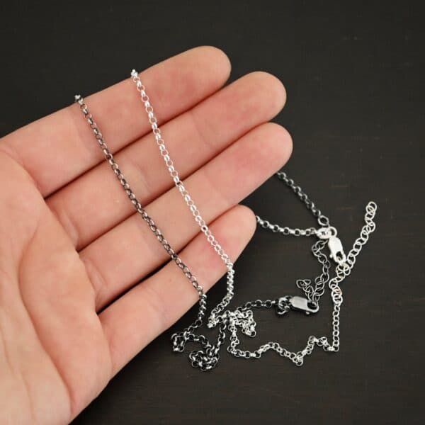 Sterling Silver shiny & oxidized Rachel Rolo Chain shown in hand