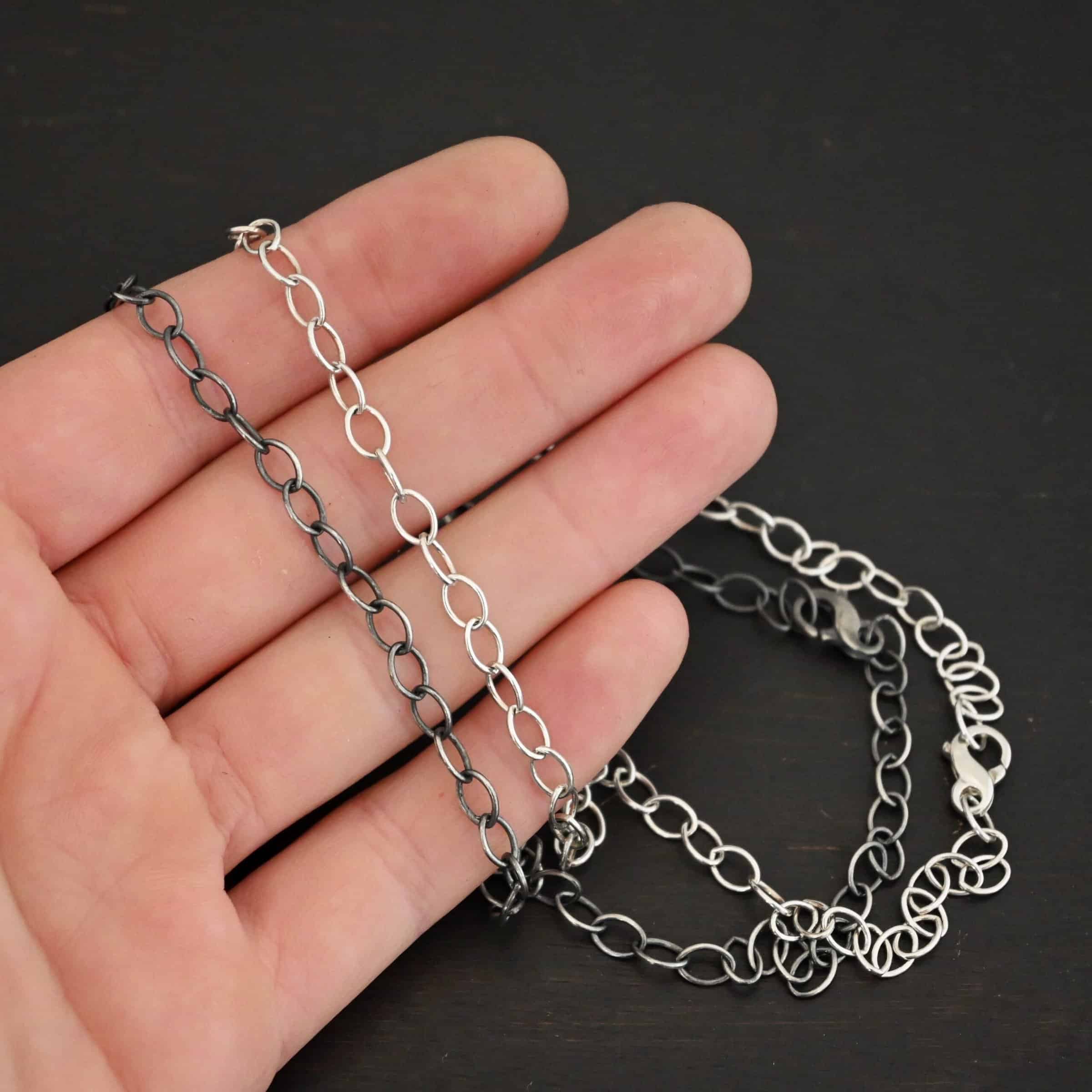 Sterling Silver shiny & oxidized Willow Chain shown in hand