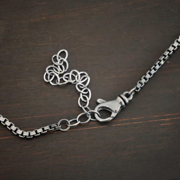 Sterling Silver oxidized Briggs Box Chain on dark background