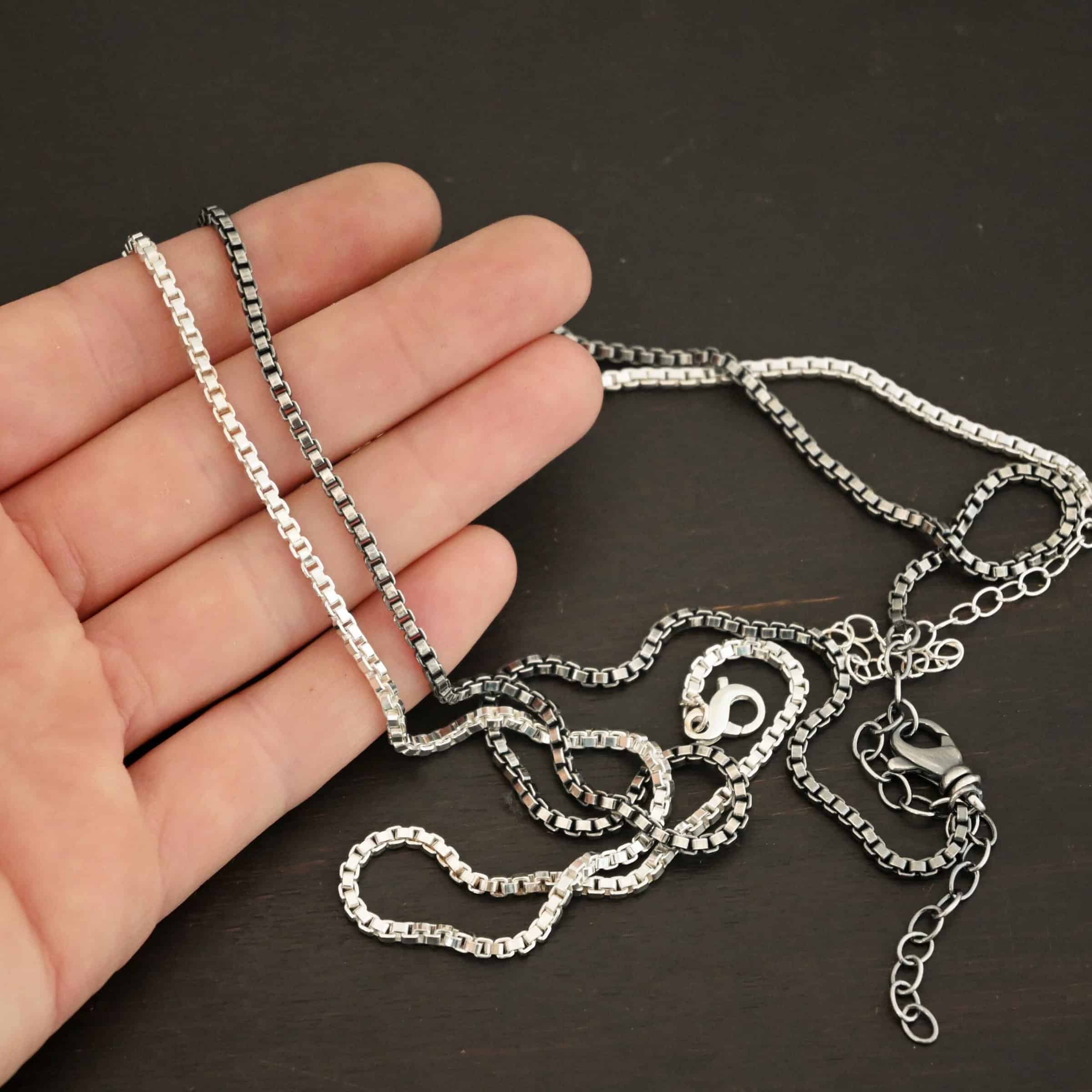 Sterling Silver shiny & oxidized Briggs Box Chain shown in hand