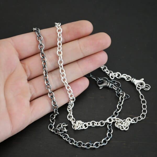 Sterling Silver Joy chain shown shiny & oxidized in hand