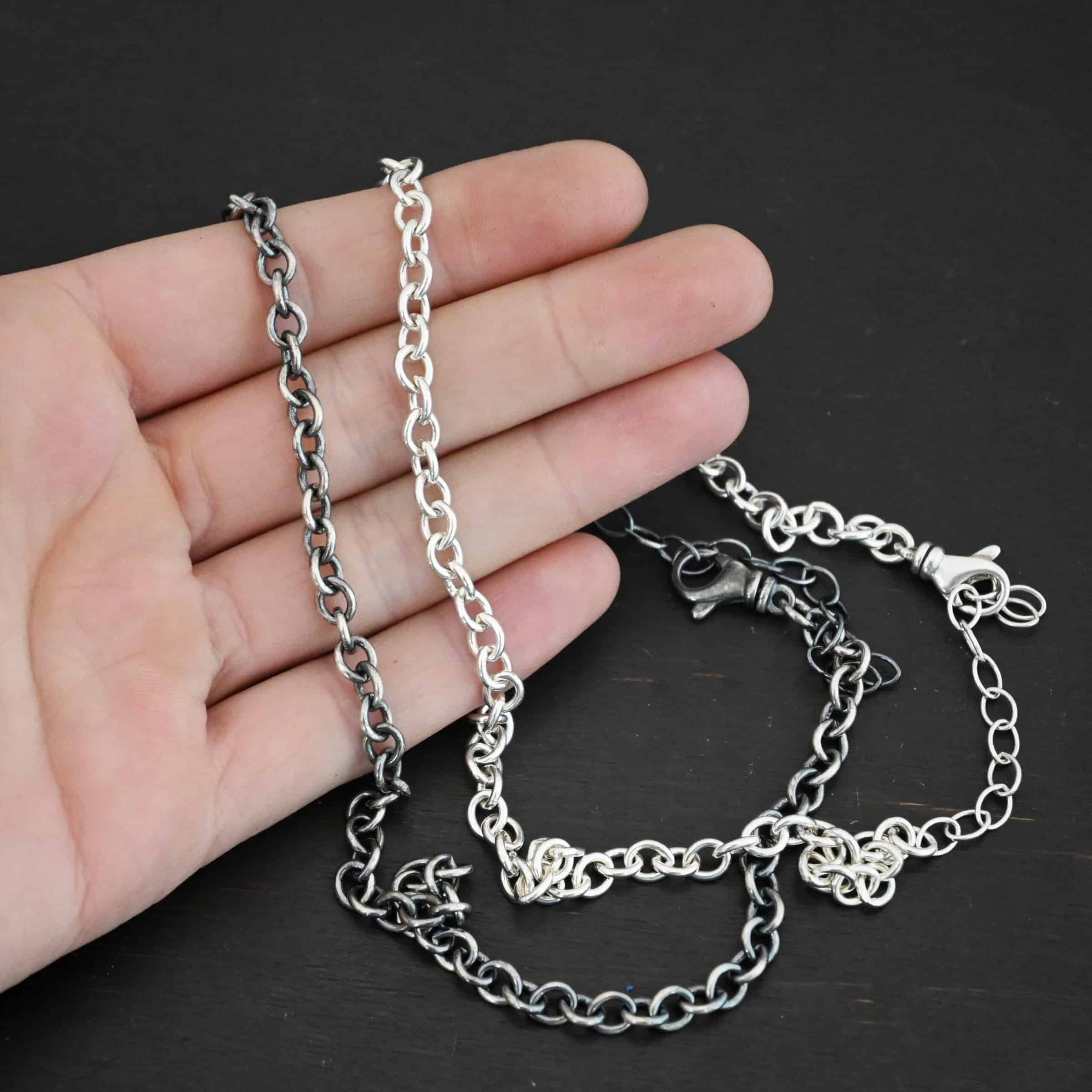 Joy Chain Sterling Silver Joy chain shown shiny & oxidized in hand