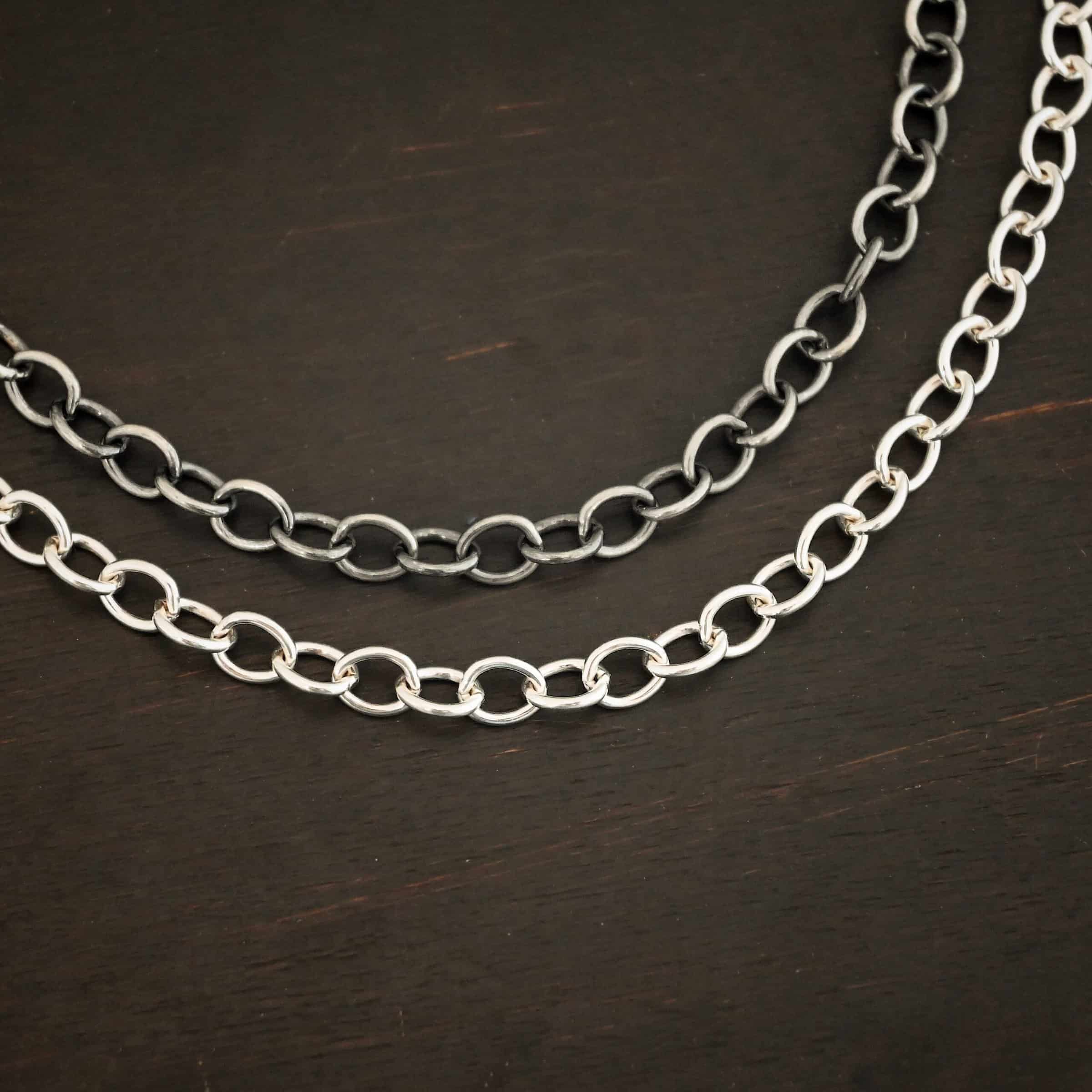 Sterling Silver Jay chain shown shiny & oxidized on dark background