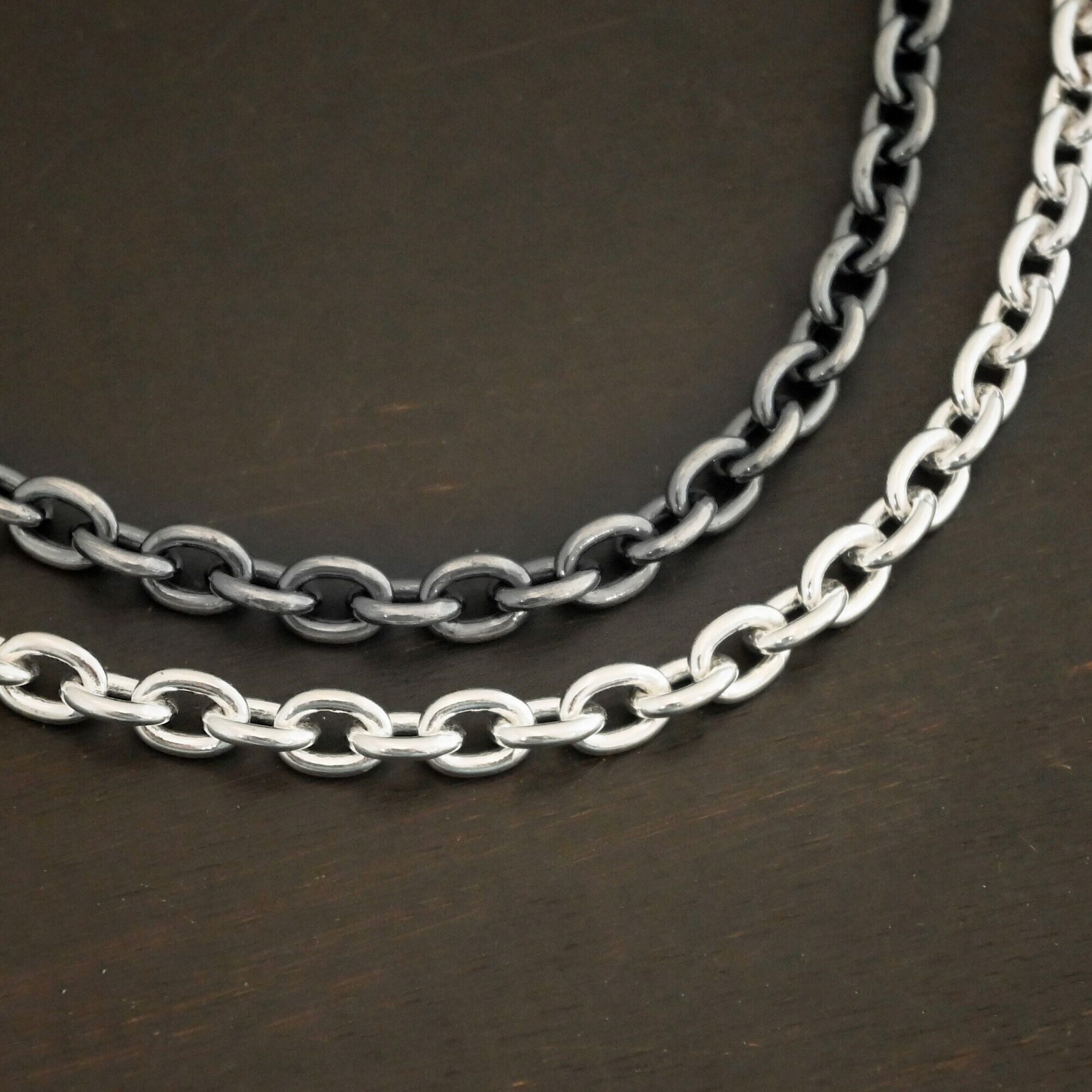 Sterling Silver Georgia chain shown shiny & oxidized on dark background