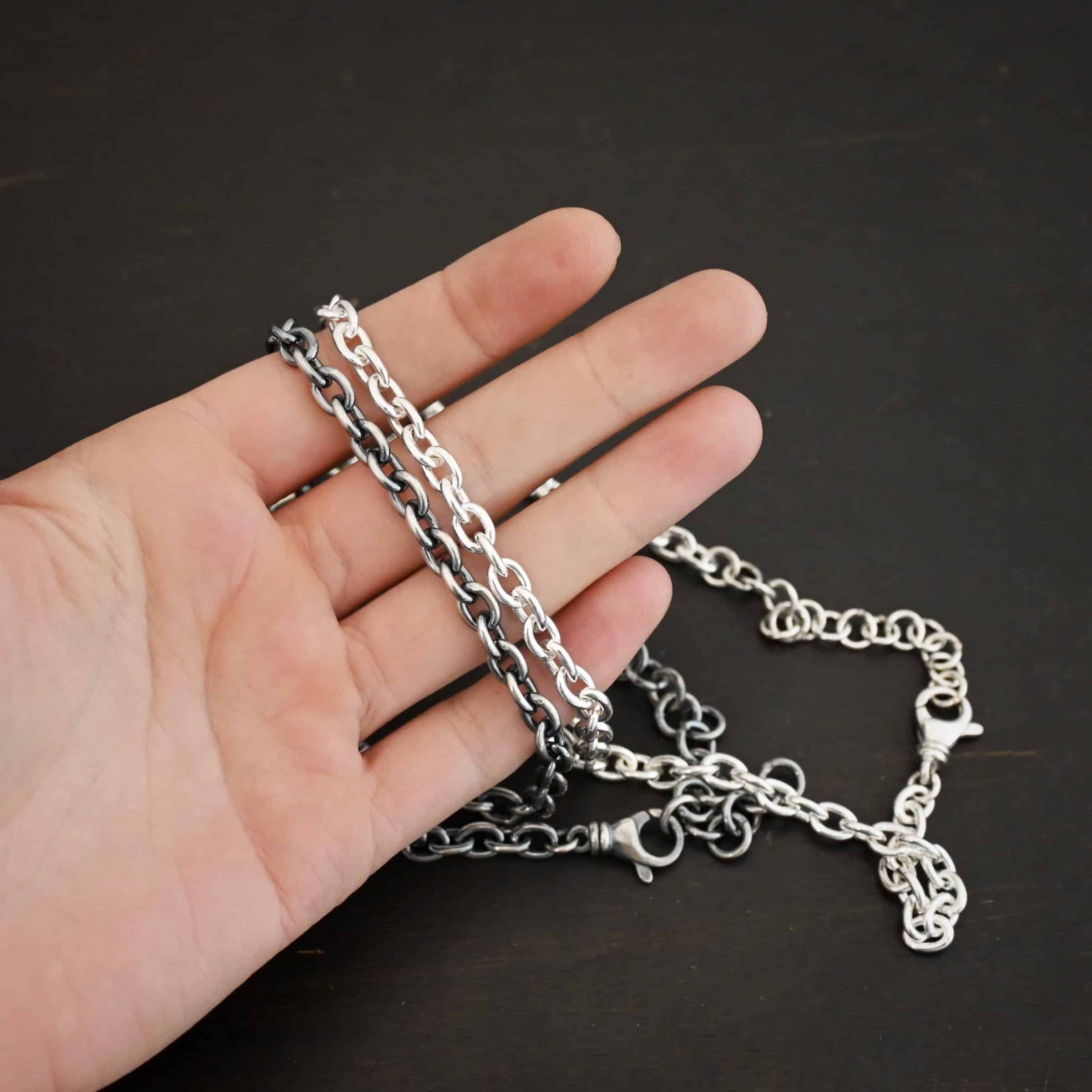 Sterling Silver Georgia XXL chain shown shiny & oxidized in hand
