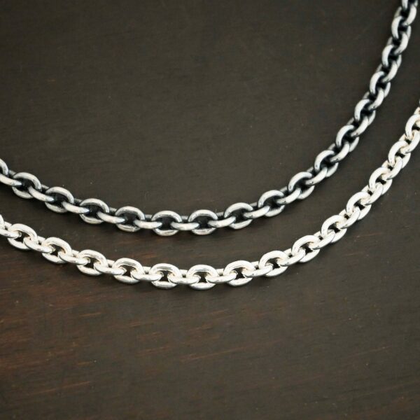 Sterling Silver Joan XL chain shown shiny & oxidized on dark background
