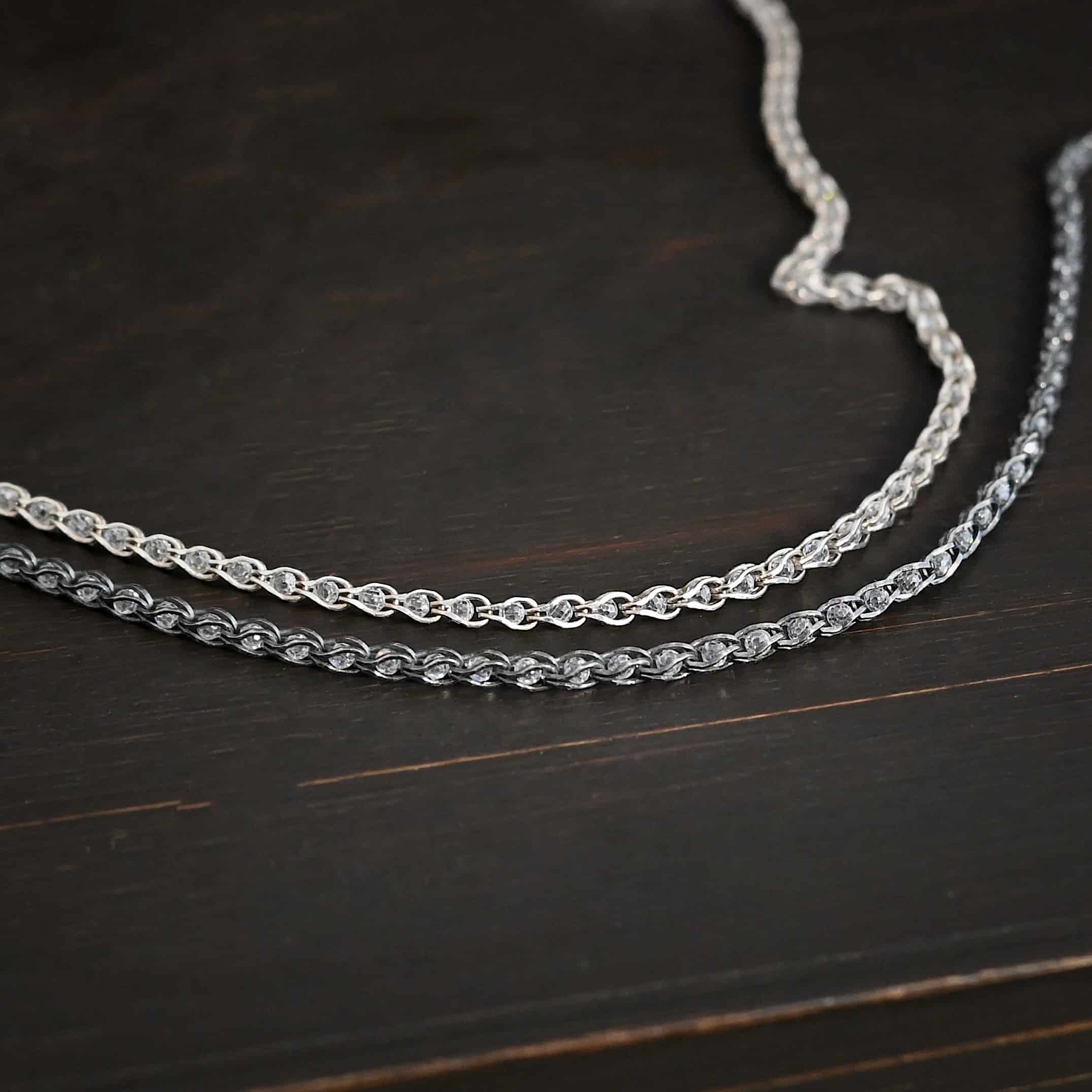 Scarlett Chain - Sterling Silver with crystals inside the links - shown shiny & oxidized on dark background