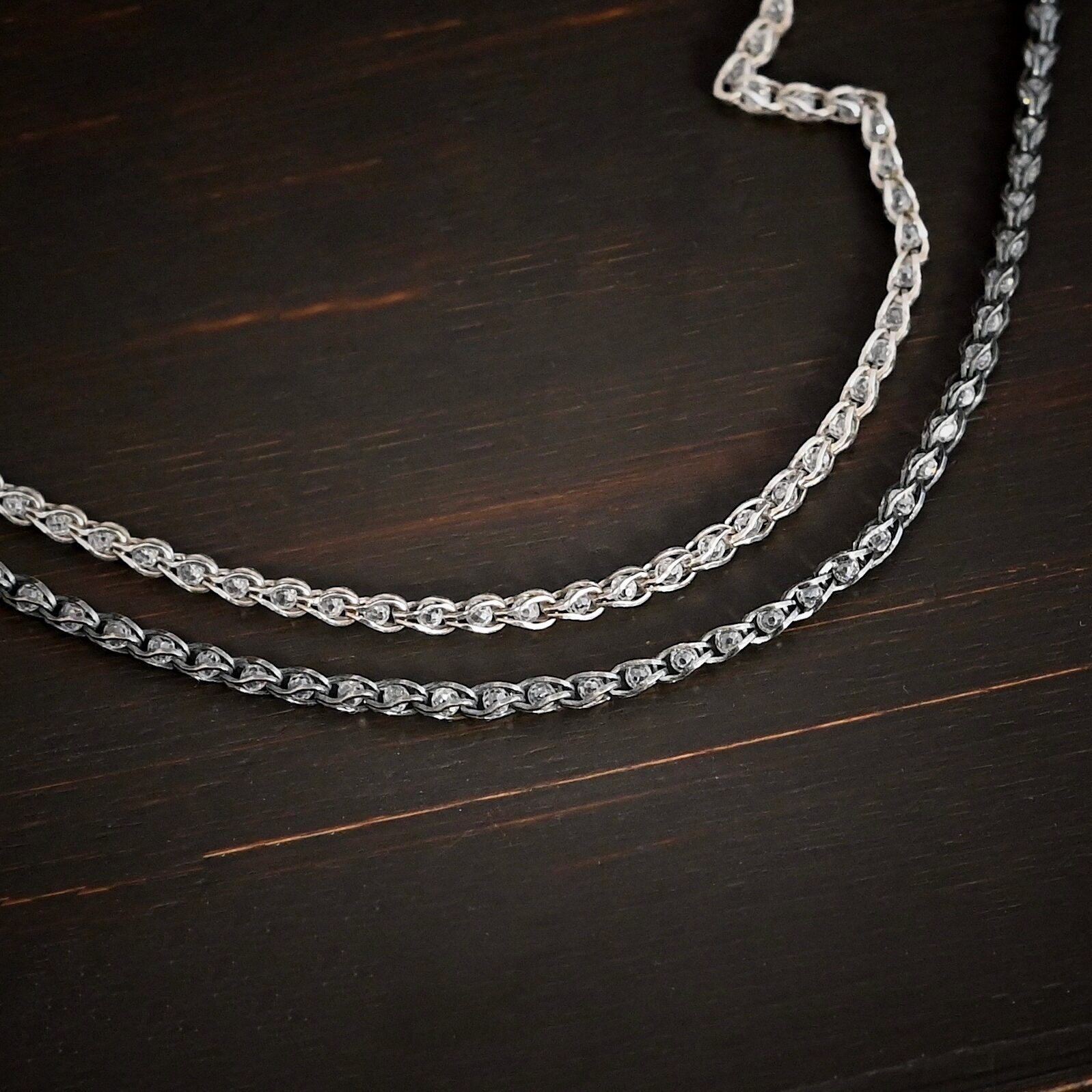 Scarlett Chain - Sterling Silver with crystals inside the links - shown shiny & oxidized on dark background