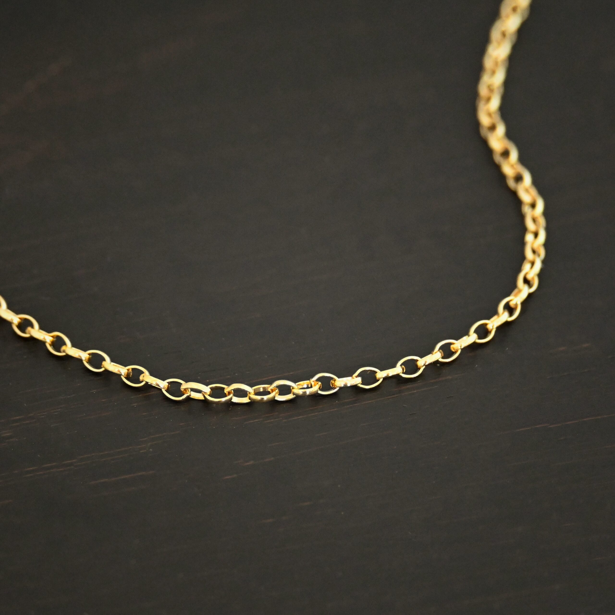 14k gold filled Ruby Rolo Chain shown on dark background