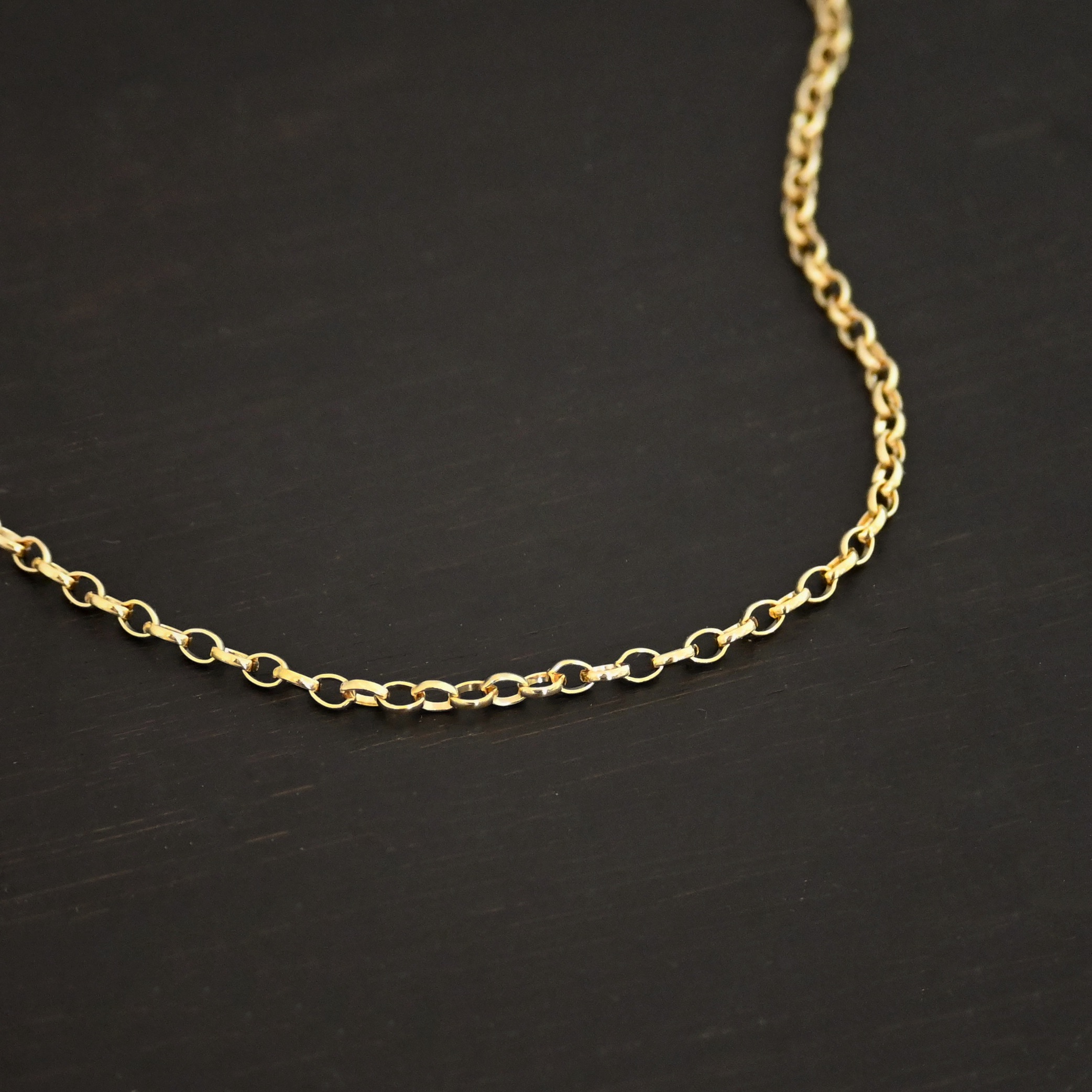 14k gold filled Ruby Rolo Chain shown on dark background