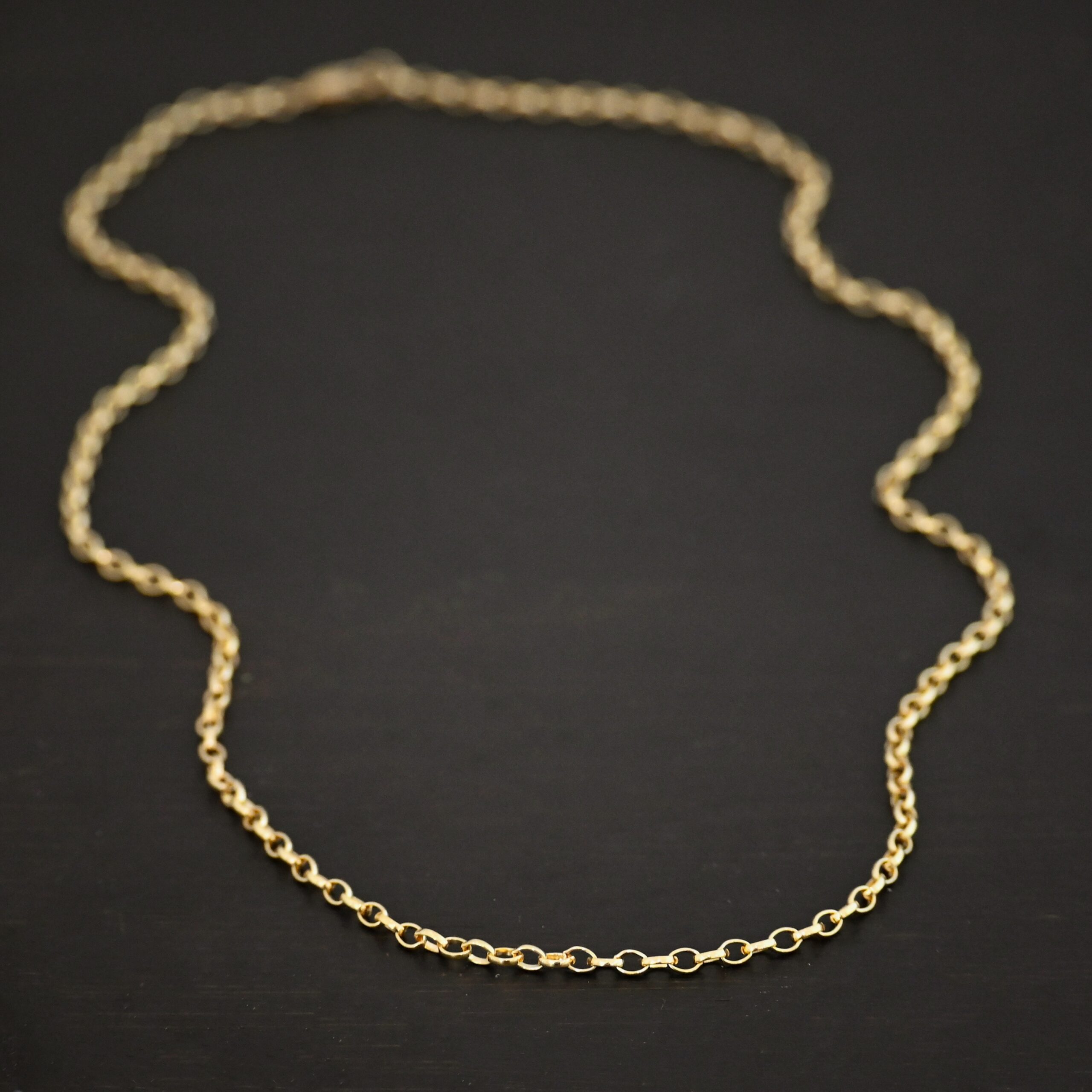14k gold filled Ruby Rolo Chain shown on dark background