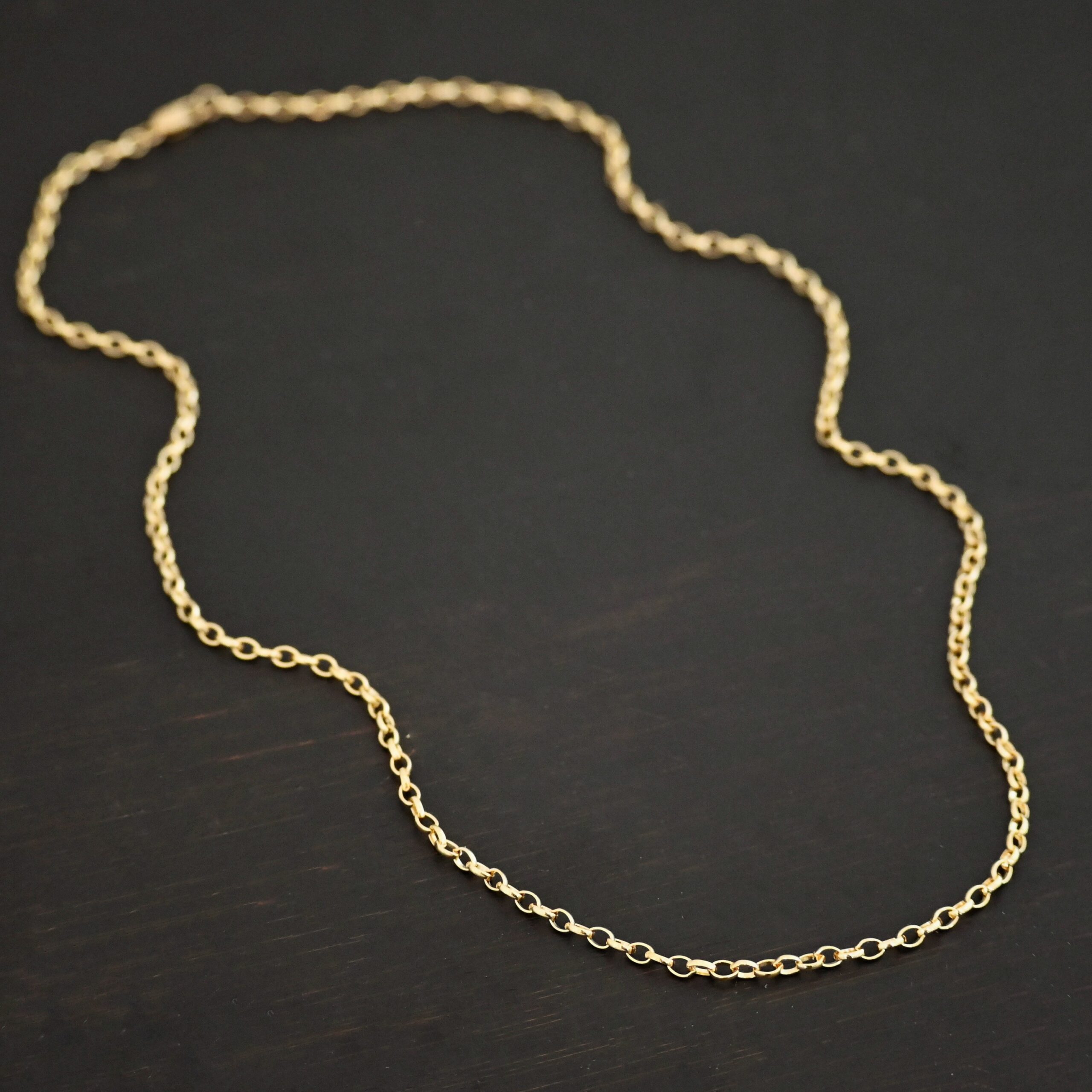 14k gold filled Ruby Rolo Chain shown on dark background