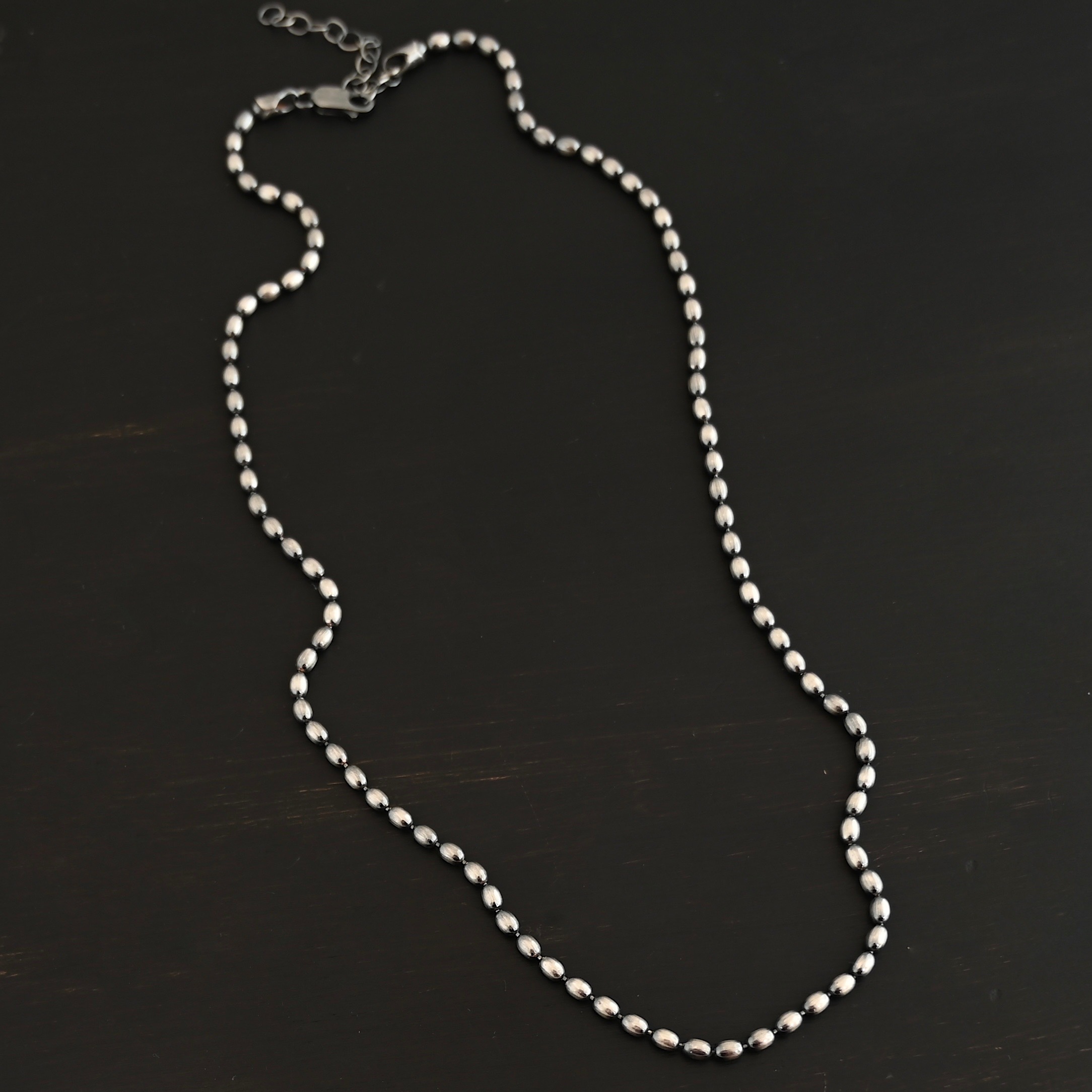 Bryn Beaded Chain - 3mm oxidized shown on dark background