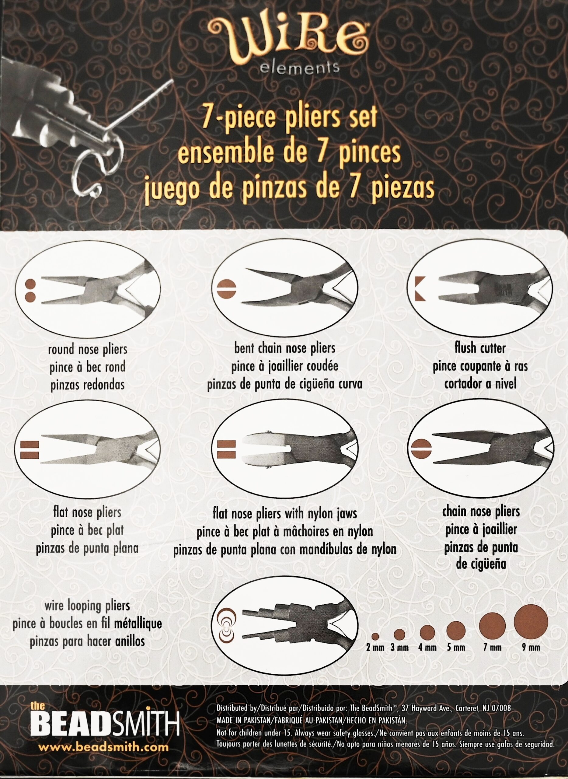 Shows pieces included in pliers kit and back of packaging