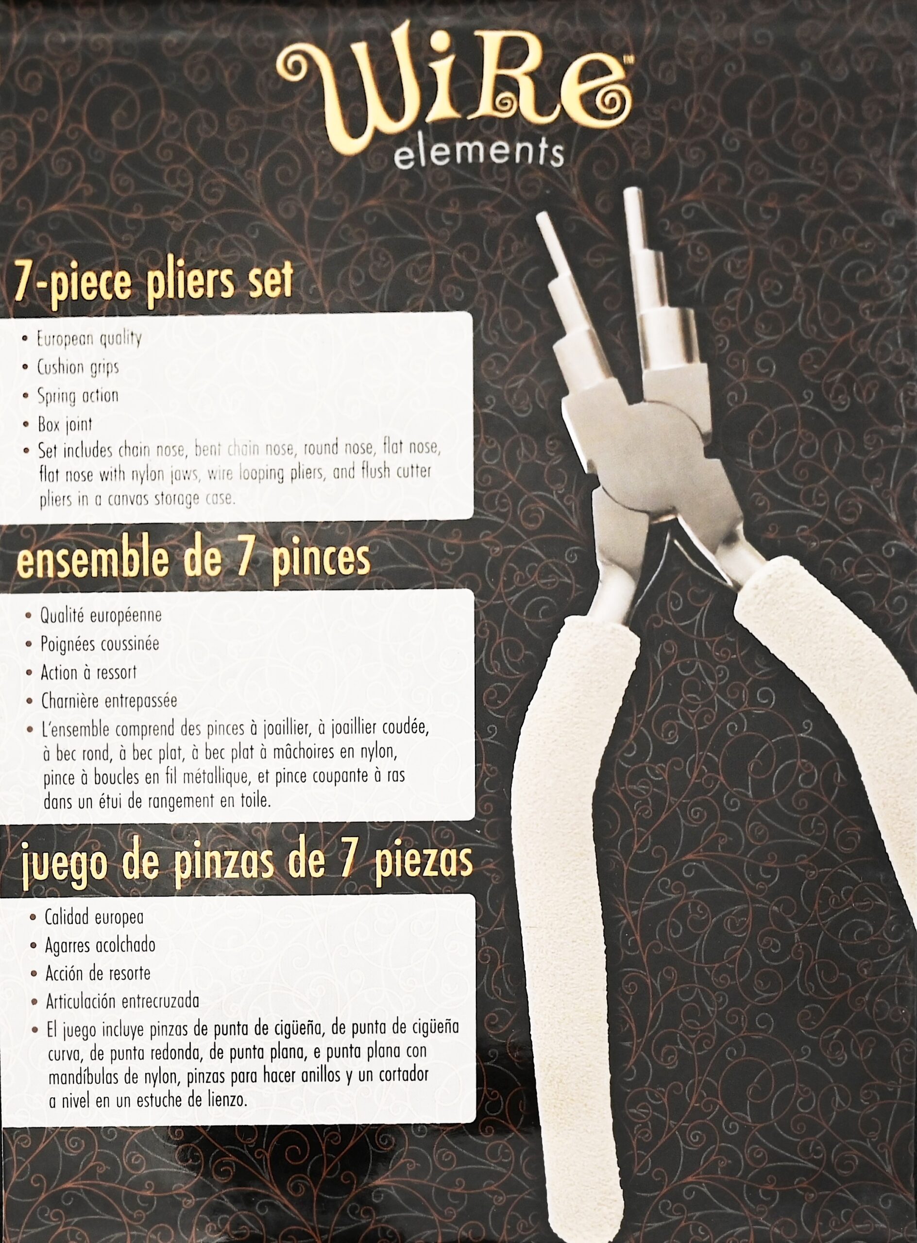 Shows pieces included in pliers kit and front of packaging