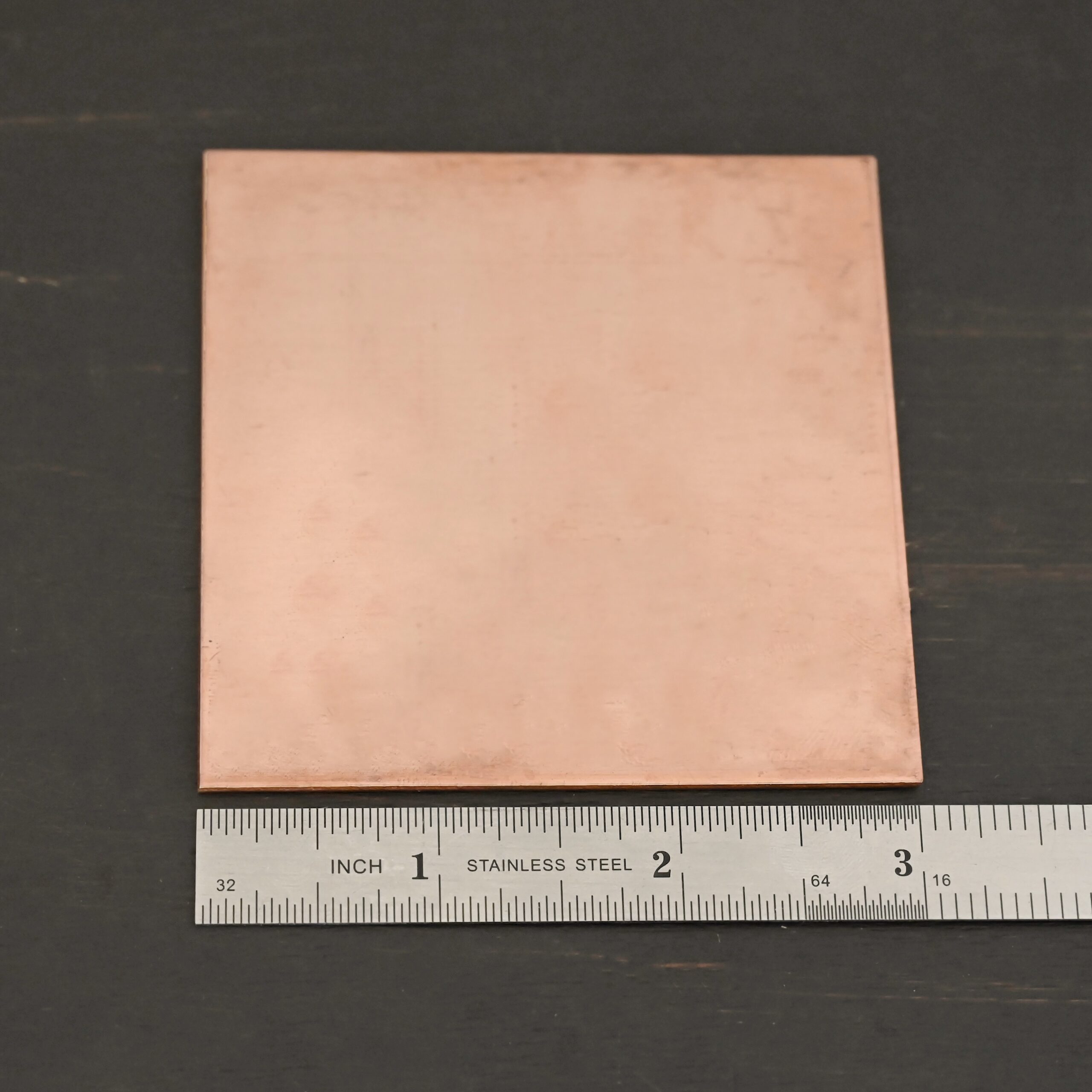 Copper Sheet 3x3" copper square sheets shown by ruler