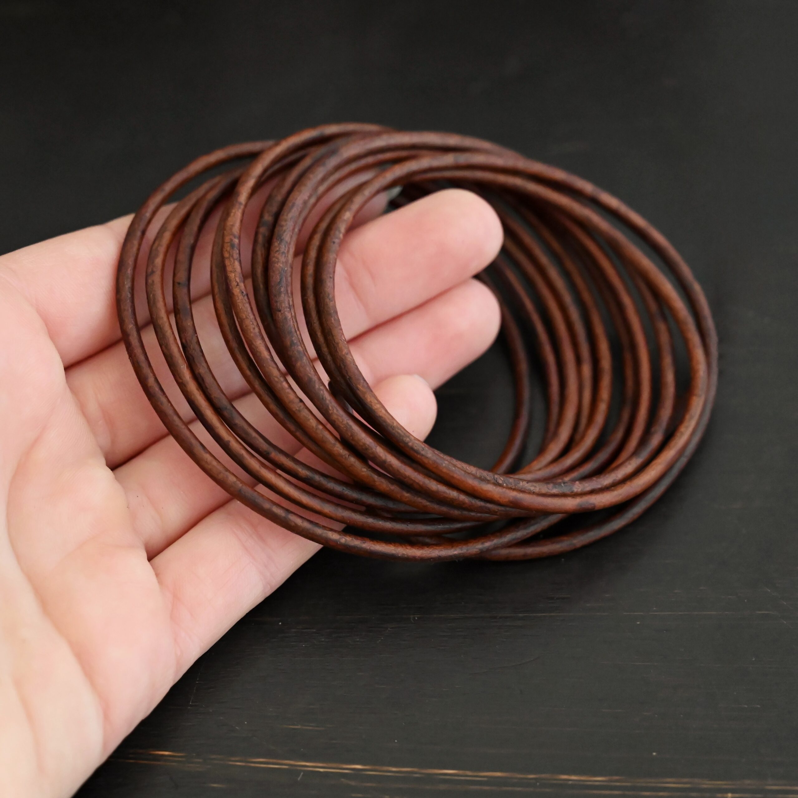 Genuine Natural 3mm antique brown leather in hand