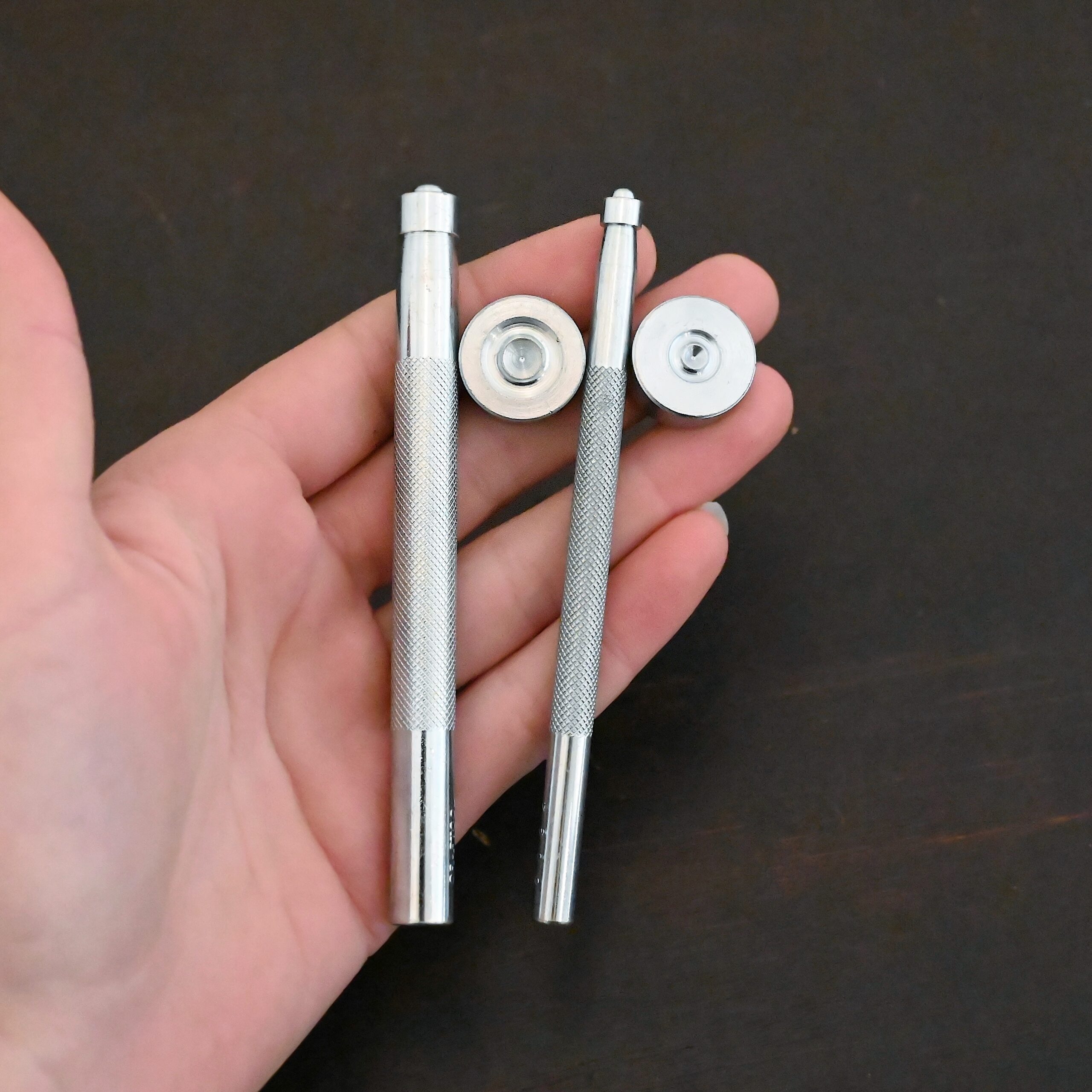 Rivet Setting Punch Showing both sizes shown in hand - stainless steel