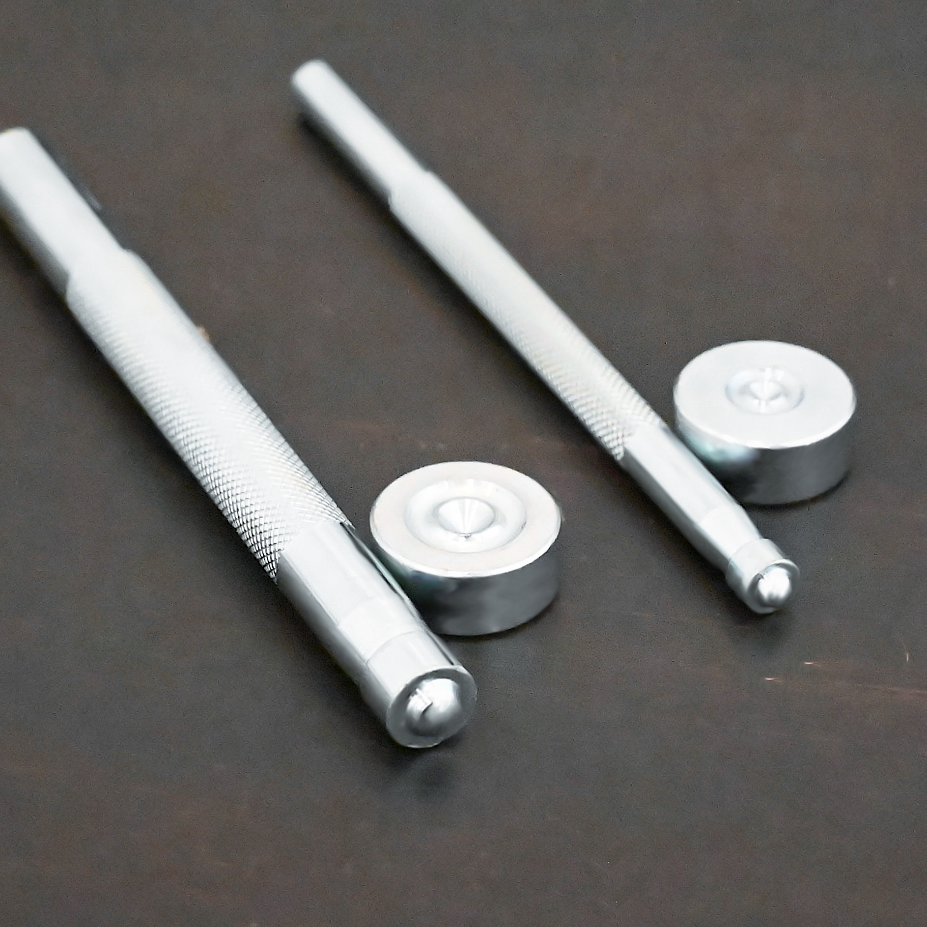 Rivet Setting Punch Showing both sizes shown on dark background - stainless steel