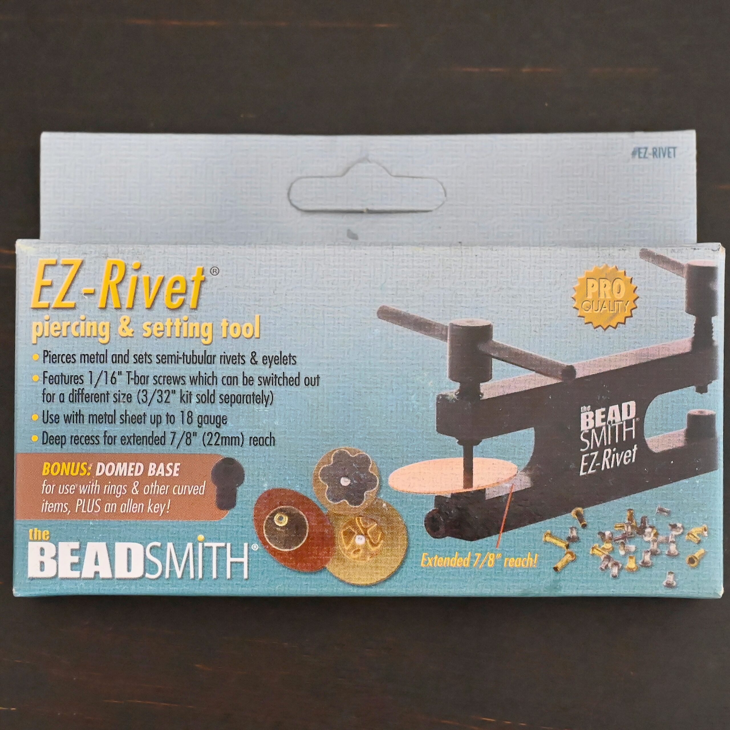 EZ Riveting Tool Complete Kit with front side of packaging shown on dark background