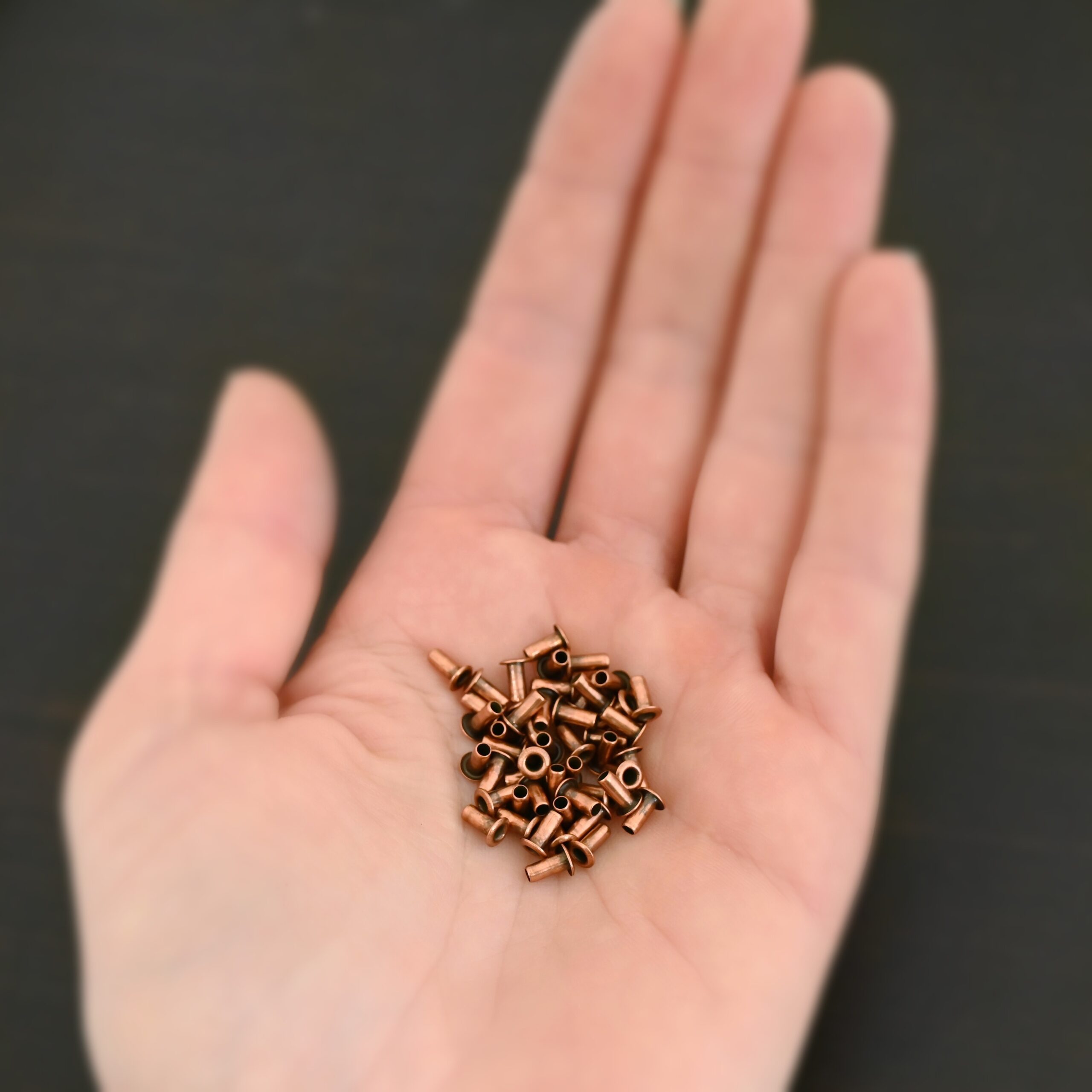 3/32x1/5 Copper plated eyelets shown in hand