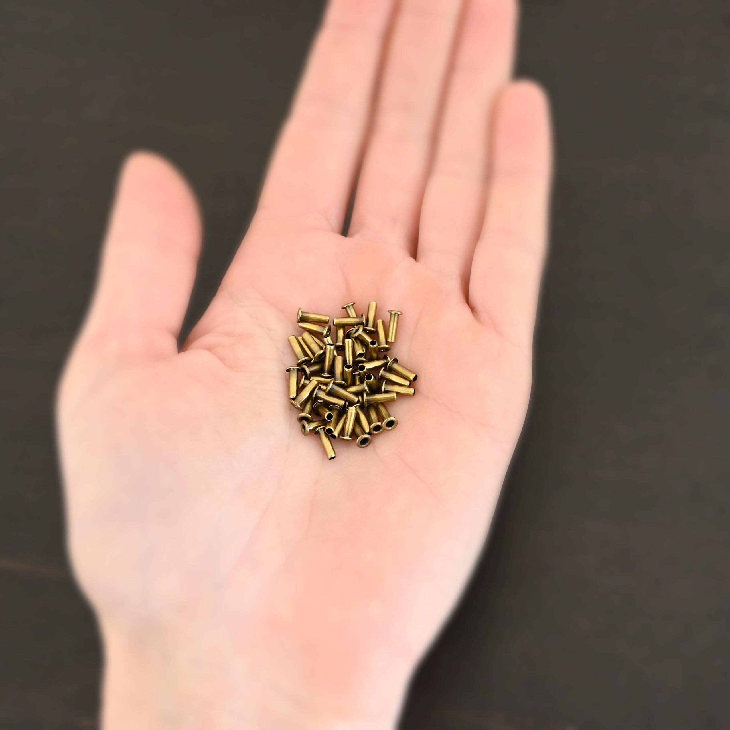 3/32x1/4 plated antique brass eyelets shown in hand