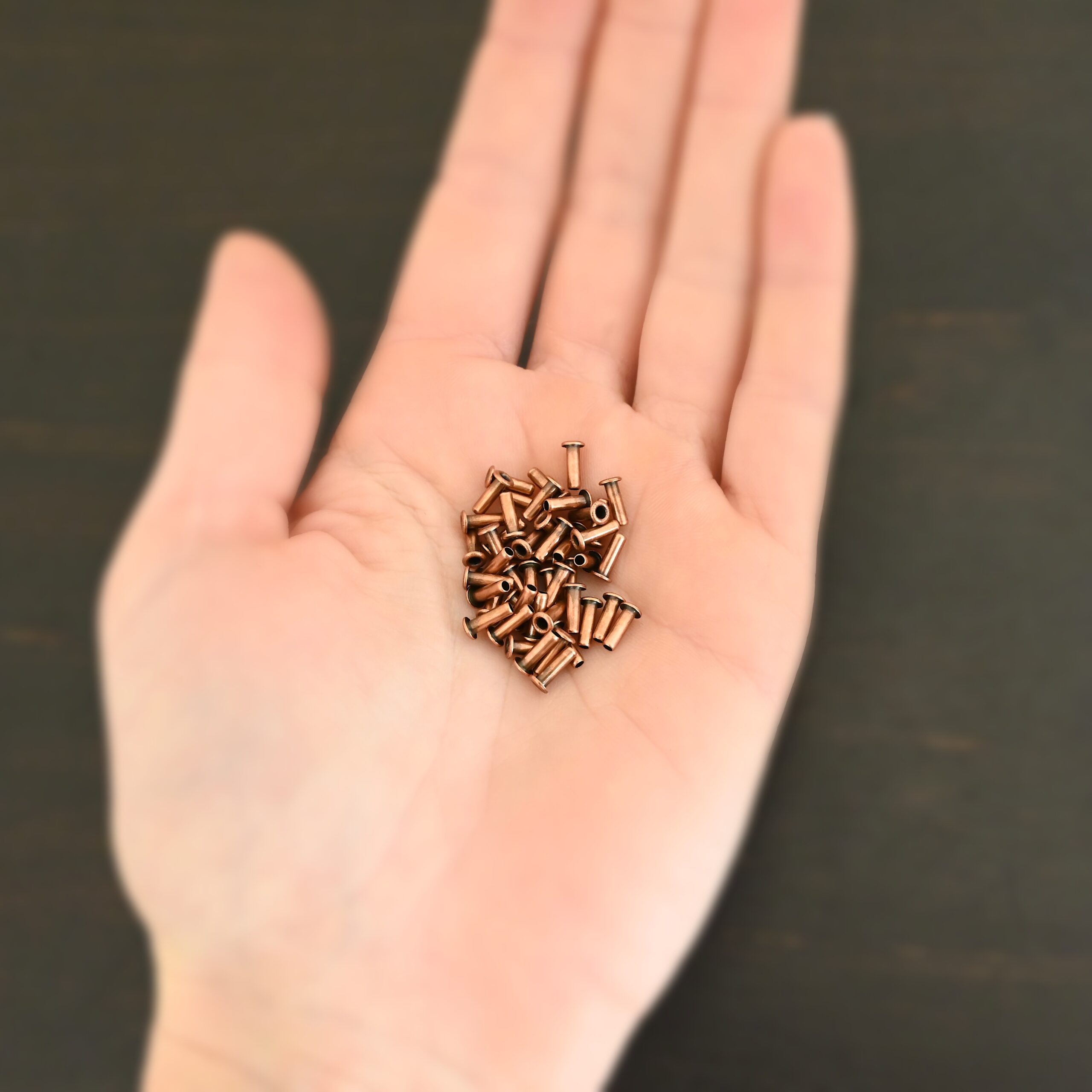 3/32x1/4 plated copper eyelets shown in hand