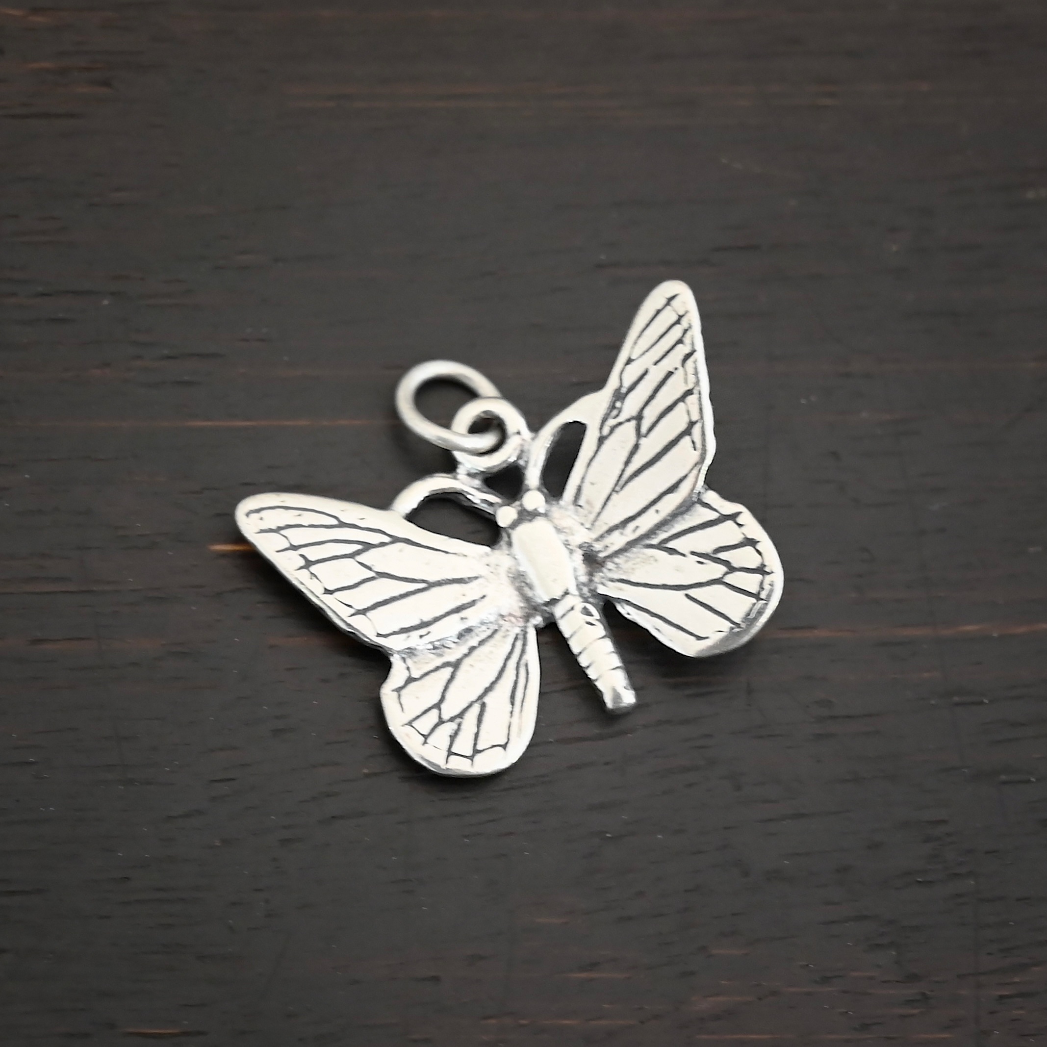 Silver Butterfly Charm shiny shown on dark background