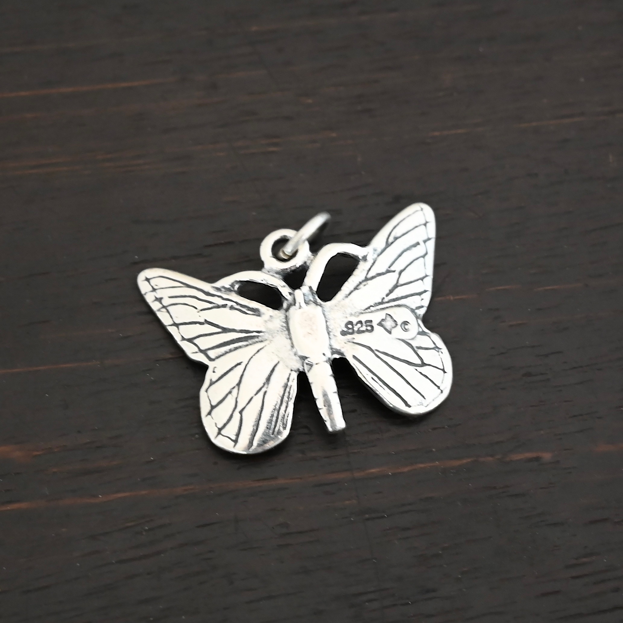 Silver Backside of Butterfly Charm shiny shown on dark background