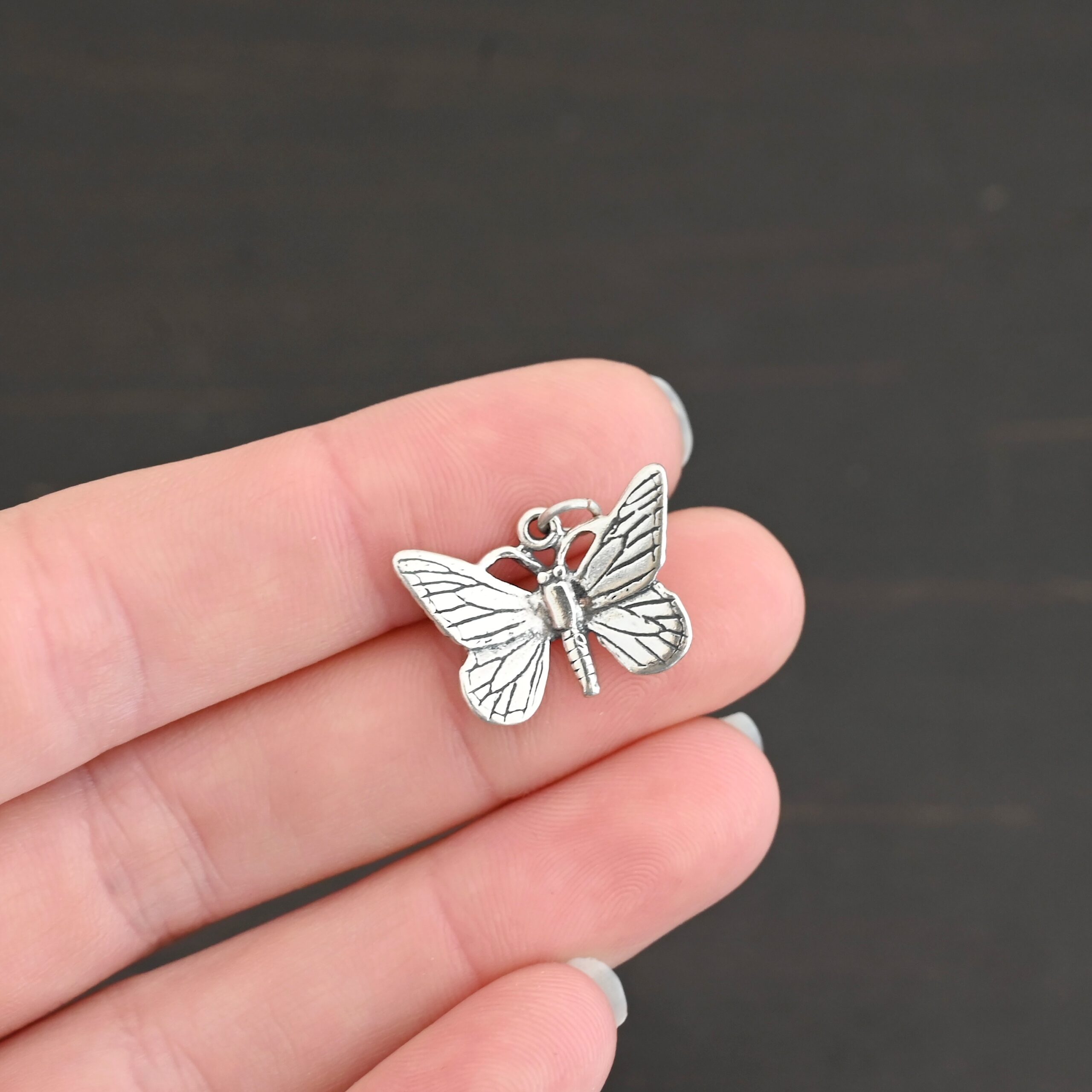Silver Butterfly Charm shiny shown in hand