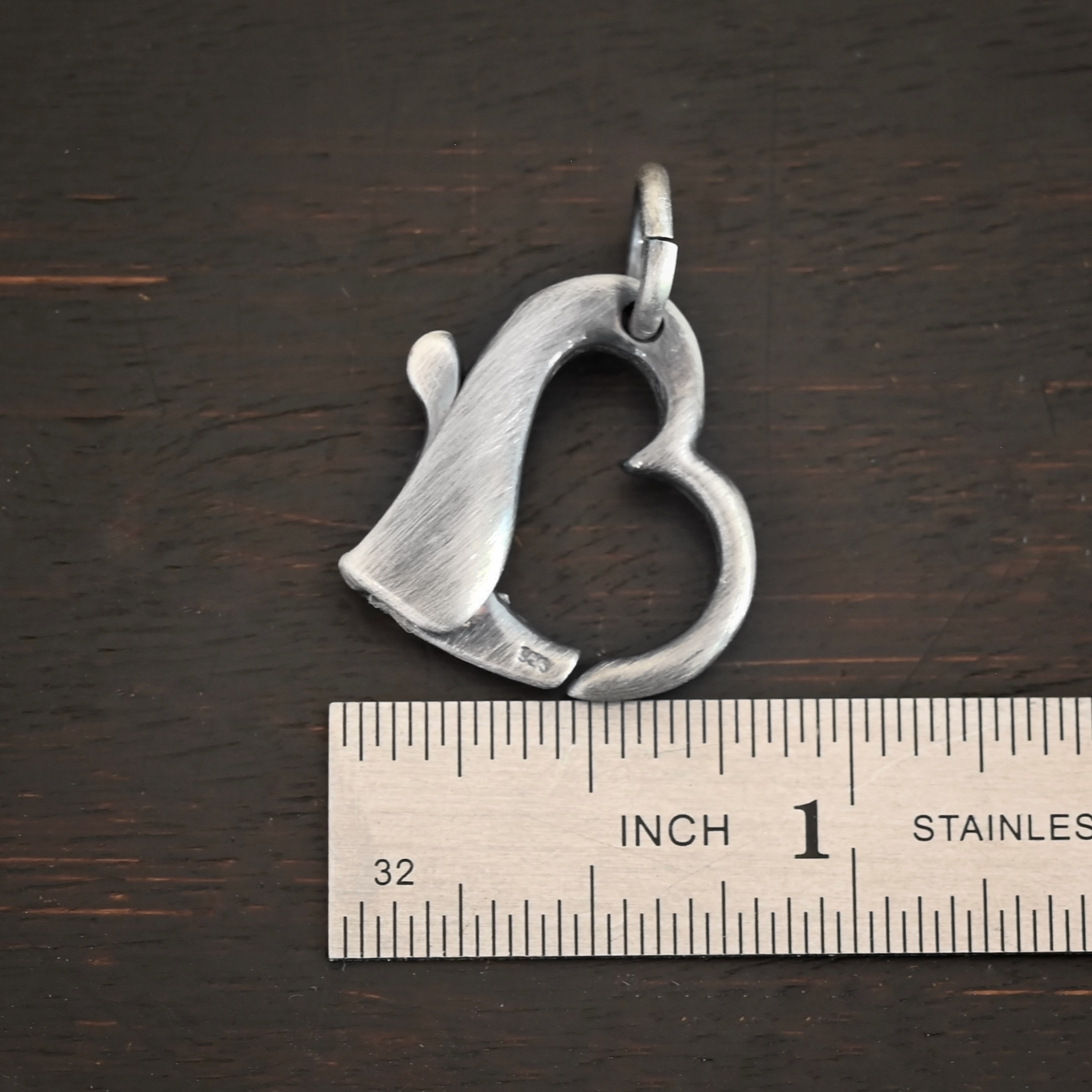 Silver Heart Ring Holder Pendant oxidized shown by ruler