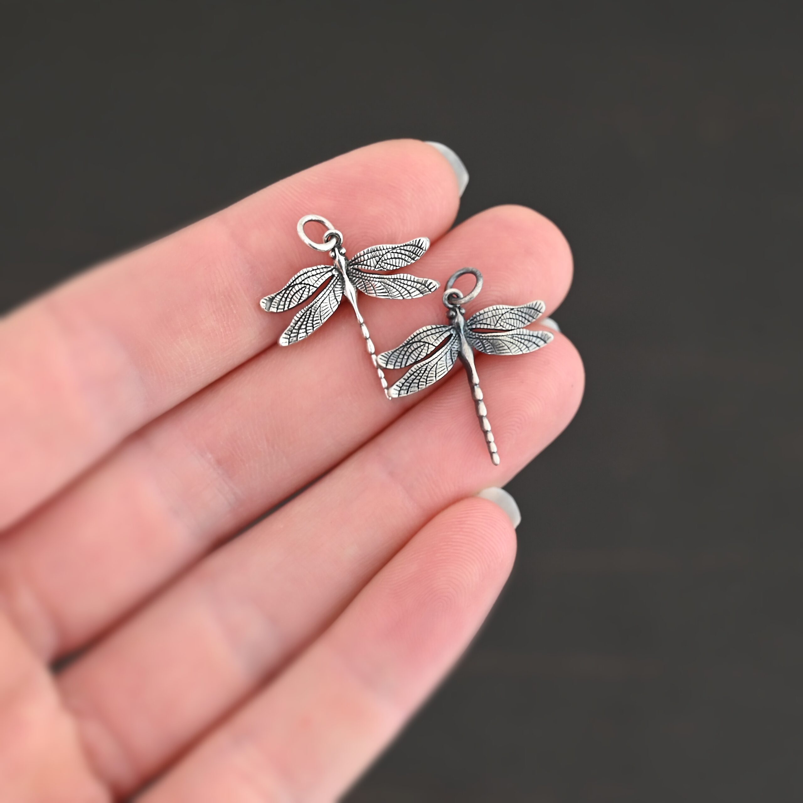 Silver Dragonfly Charm shiny & oxidized shown in hand