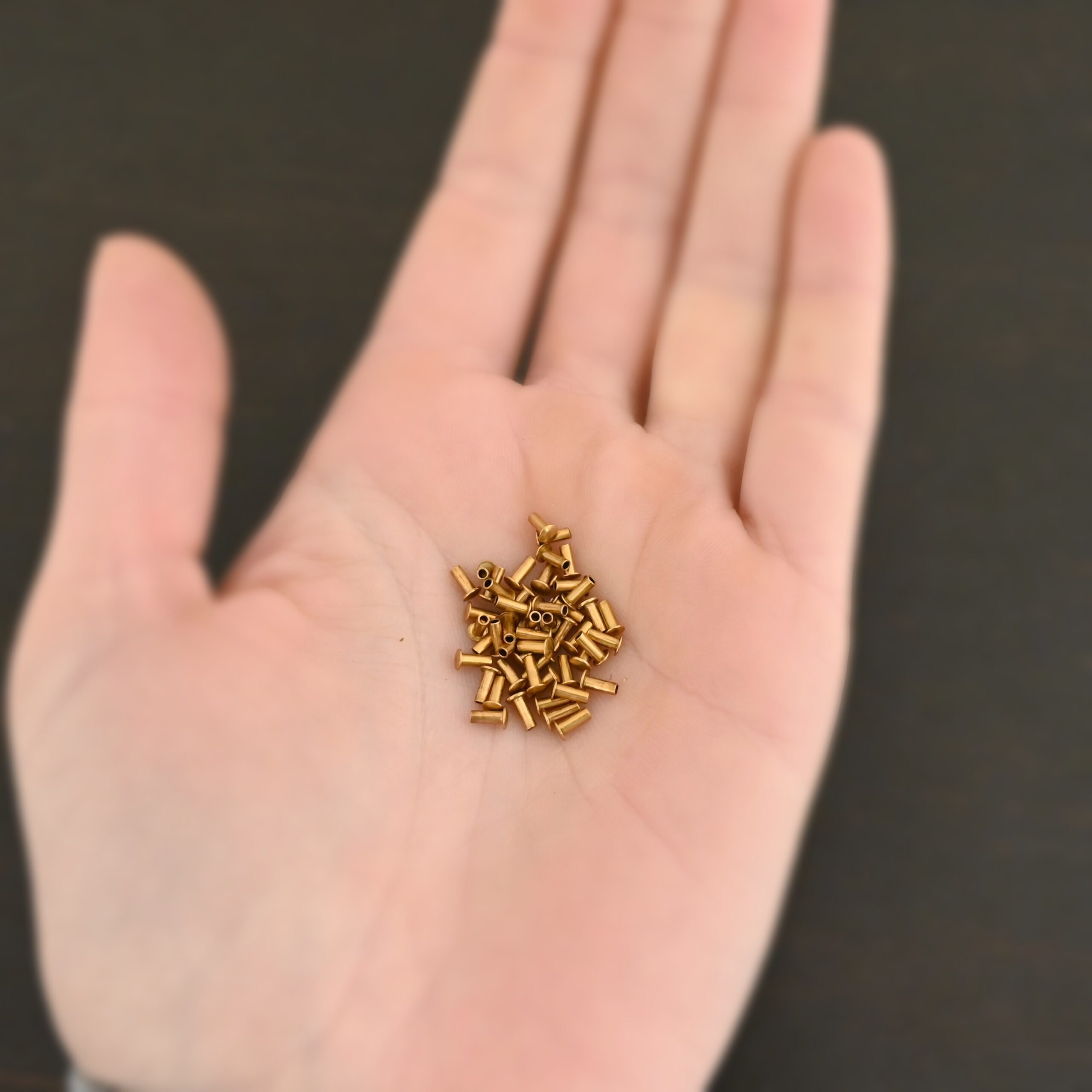 1/16x5/32 Brass Rivets shown in hand