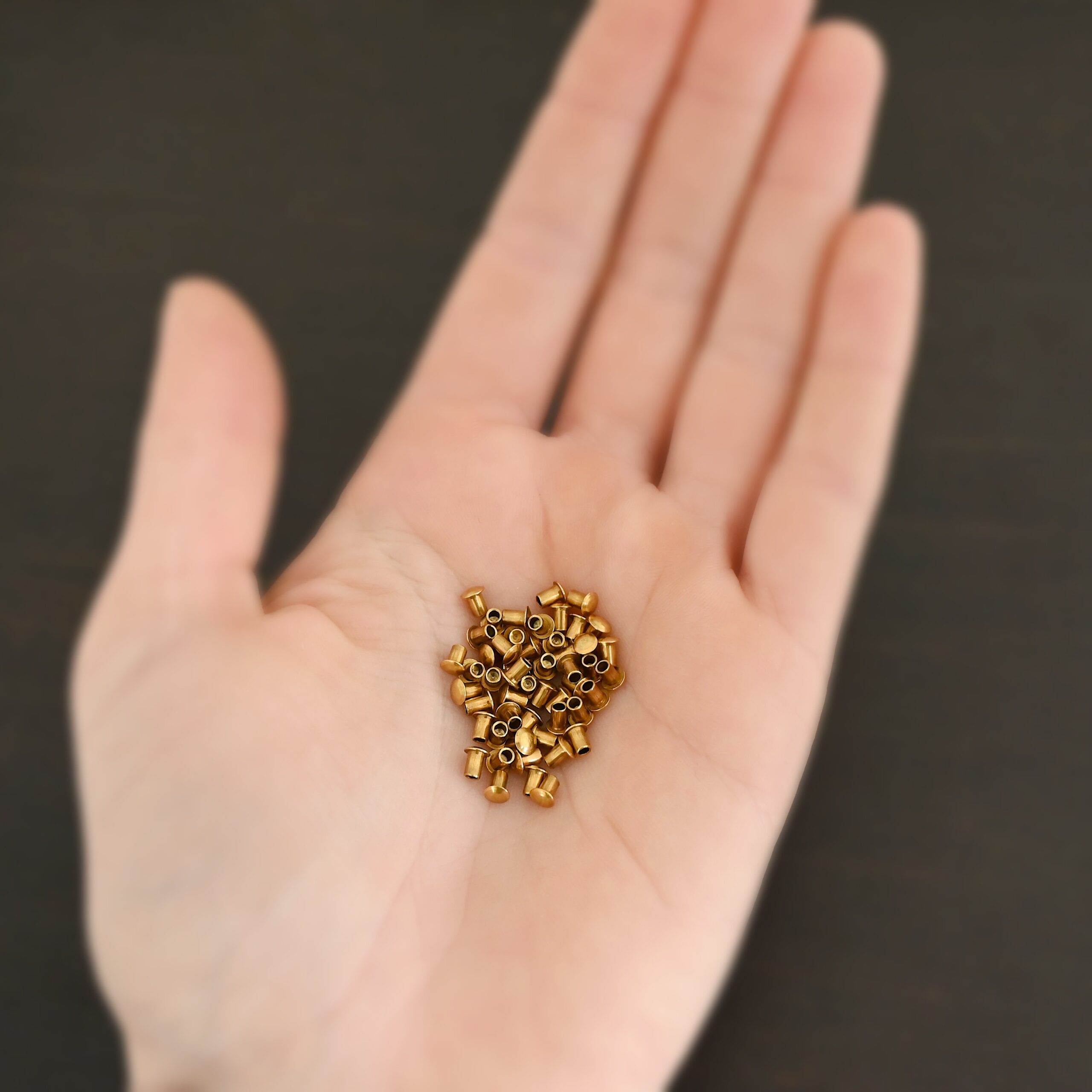3/32x1/8 Brass Rivets shown in hand