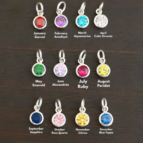 Shiny Silver 6mm Birthstone Charm shown on dark background