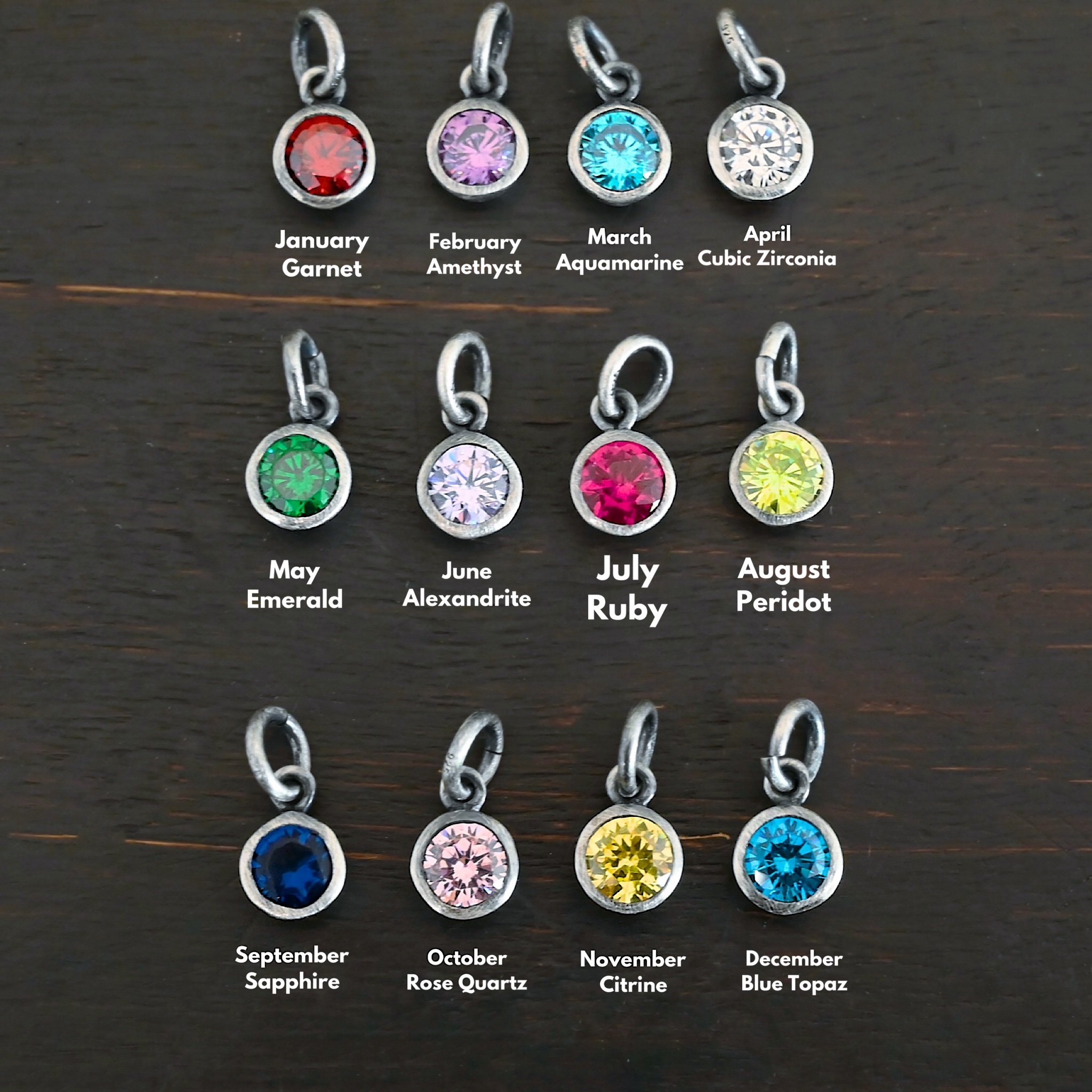 6mm Ox Birthstone Charm Silver oxidized 6mm Birthstone Charm shown on dark background