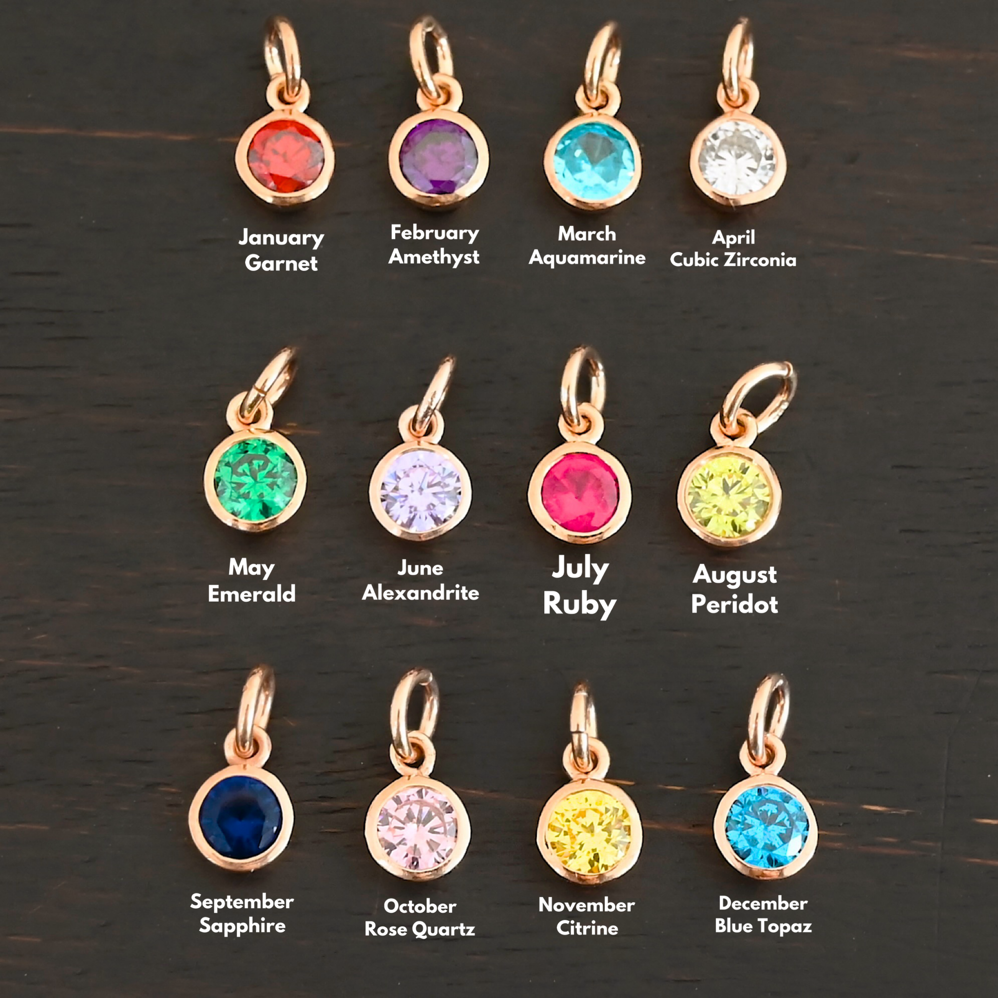 Rose Gold Plated 6mm Birthstone Rose Gold Plated 6mm Birthstone Charm shown on dark background