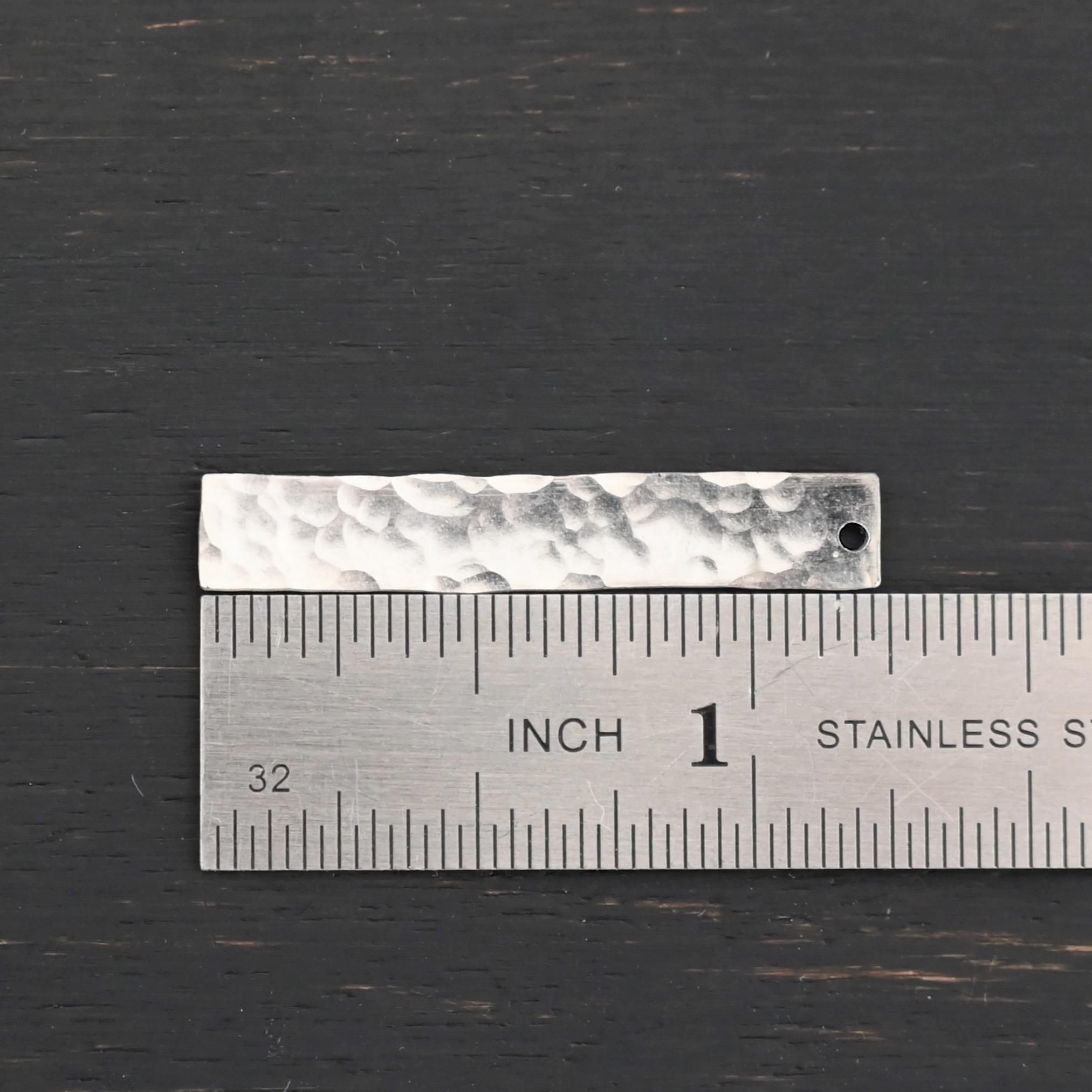 Sterling Silver Large Rectangle Blank - shiny hammered 1 hole shown by ruler