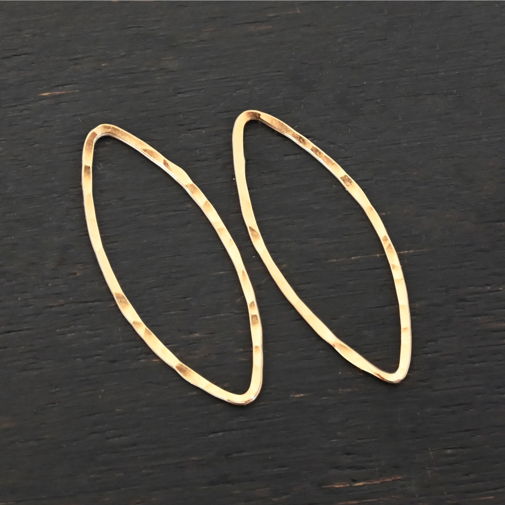 Tina - 14k Gold Filled Marquise Chandelier hammered 29x12mm shown on dark background